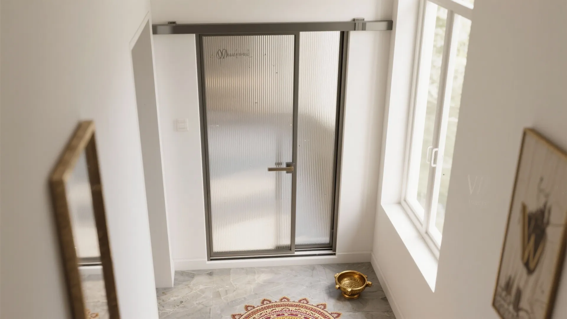 Top-down view of a corridor showing a reeded glass pocket door and clear floor space for ritual decor.