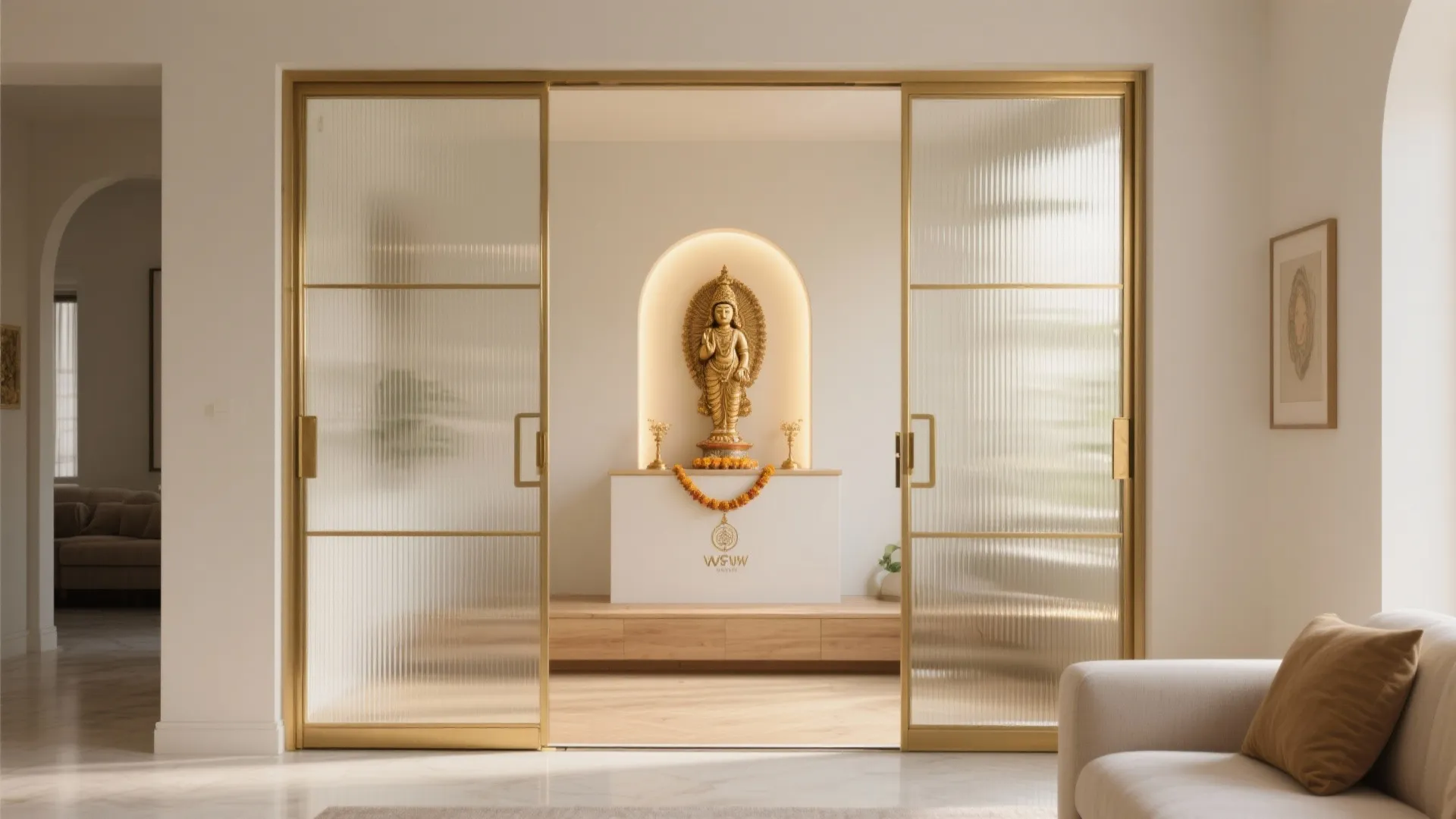 Golden statue inside a modern prayer room seen through open gold framed glass sliding doors