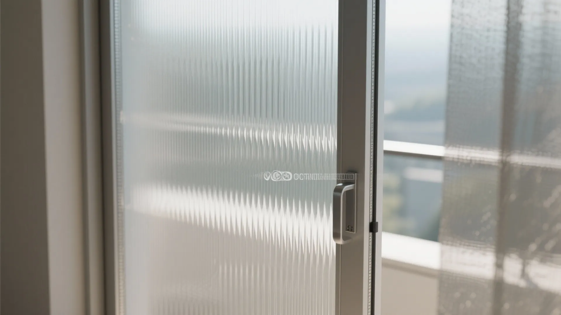 Close up of a textured glass door with vertical lines and a silver metal handle