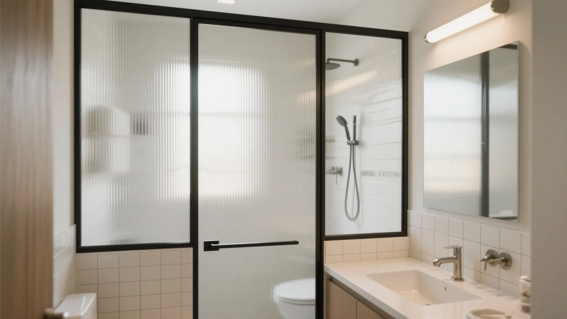 Bathroom interior featuring textured glass shower screen black metal frame white sink and wall light fixture