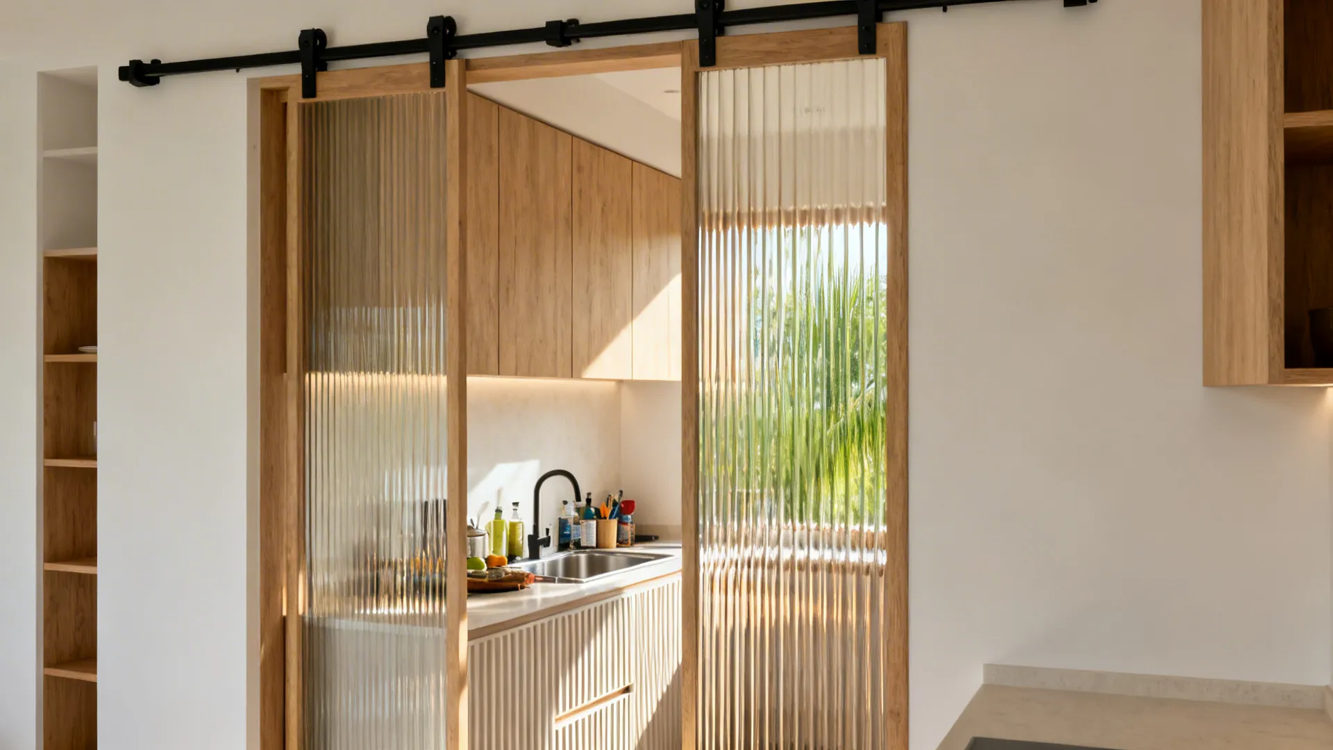 Reeded glass sliding panels in a Kerala kitchen masking clutter while letting in light.