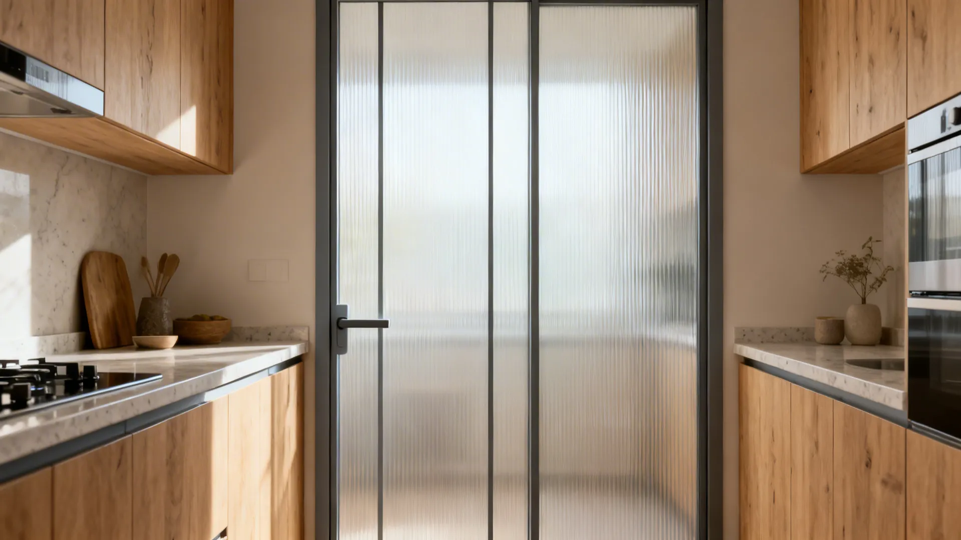 Aluminium swing door with reeded glass diffuses views while keeping a compact kitchen bright and calm.