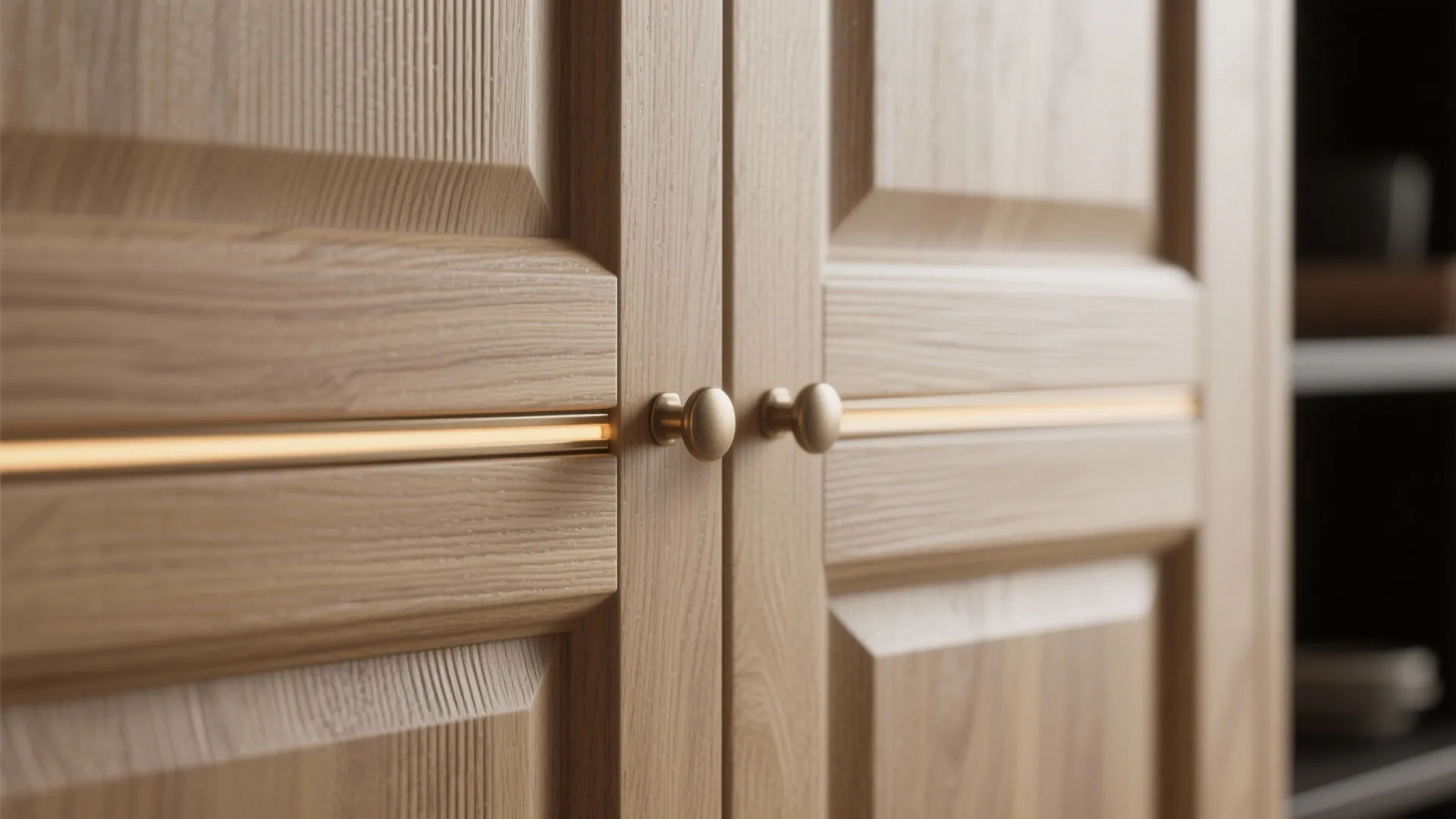 Macro of reeded oak paneling, push-latch seam, and warm LED grazing the texture.