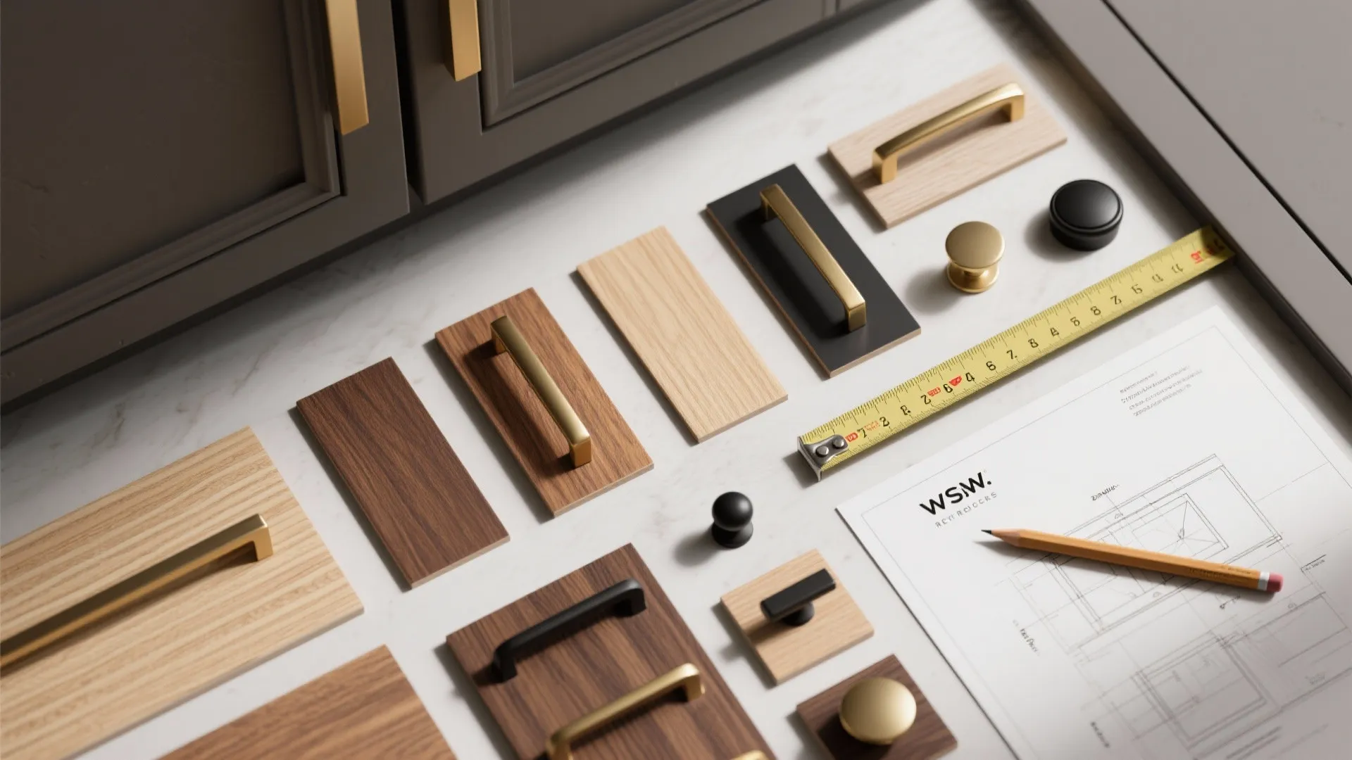 Selection of metal handles and wood samples on table with interior design drawing and ruler