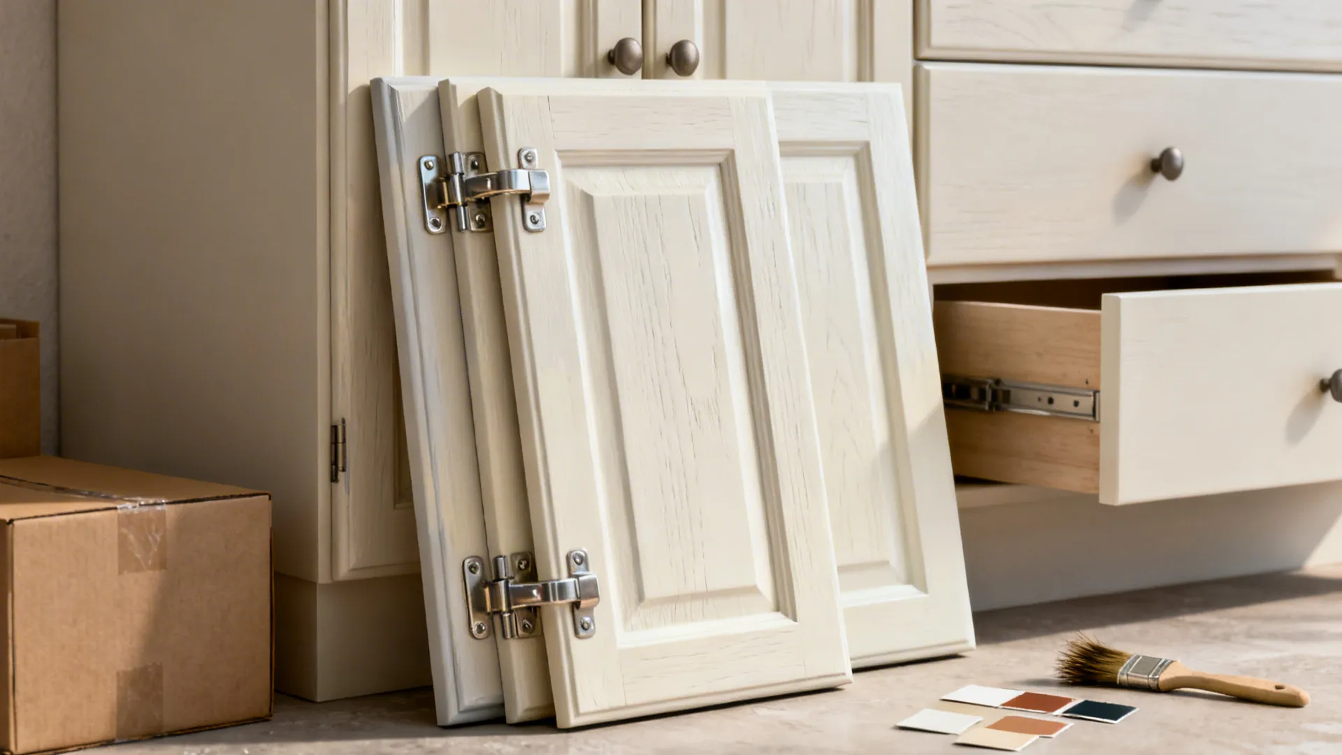 Close-up of painted cabinet doors and new hinges beside original cabinet boxes with paint samples