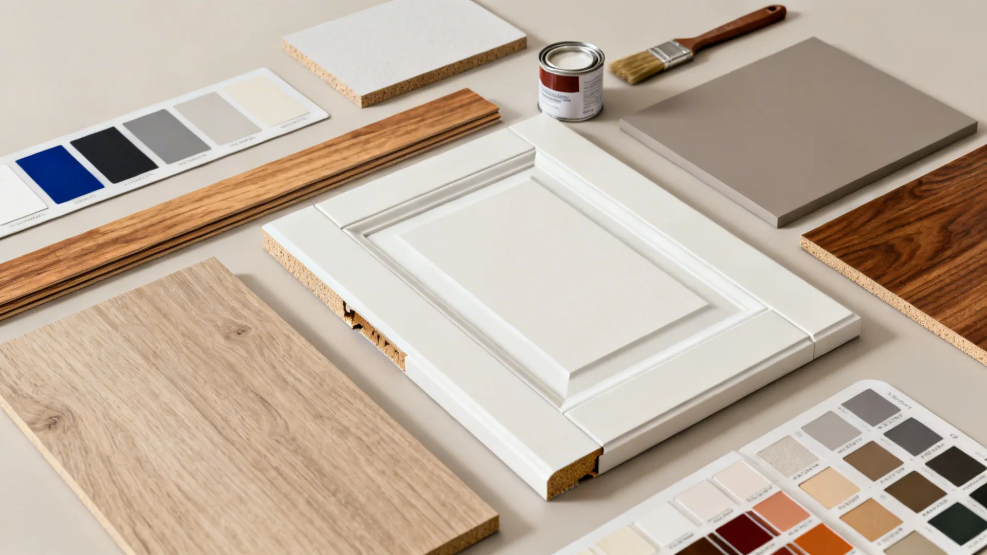 Top-down flatlay of painted MDF and veneer samples, paint cans, and color chips for cabinet re-facing.