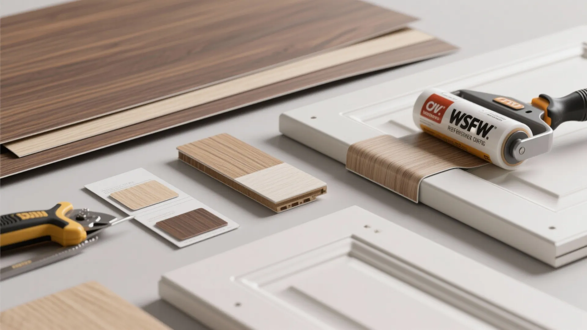 Wood veneer samples and white cabinet door with various home renovation tools on grey surface