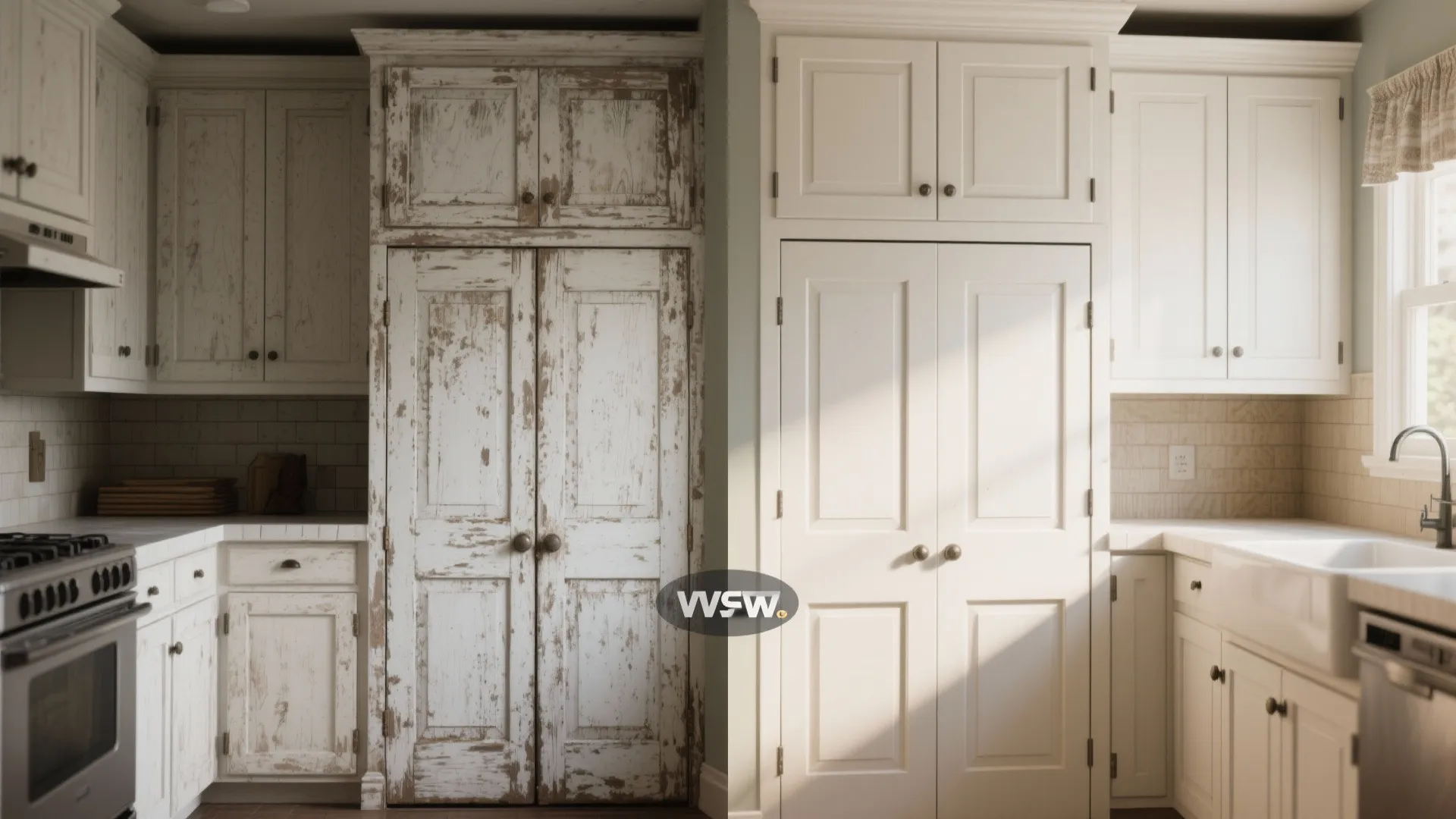 Before and after comparison of old worn kitchen cabinets and newly painted white kitchen cabinets