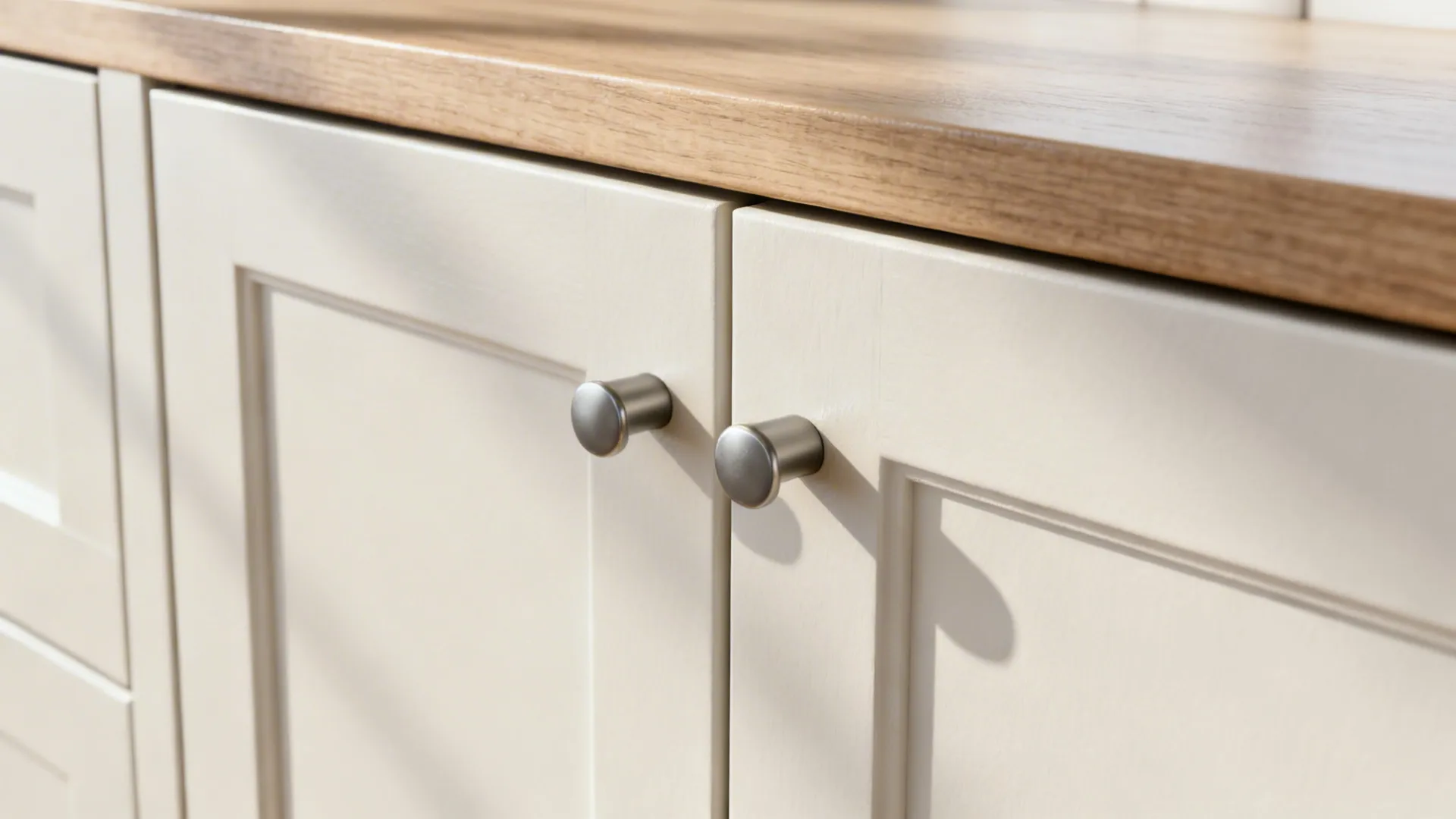 Close-up of painted cabinet door and new handle showing smooth finish and hardware detail