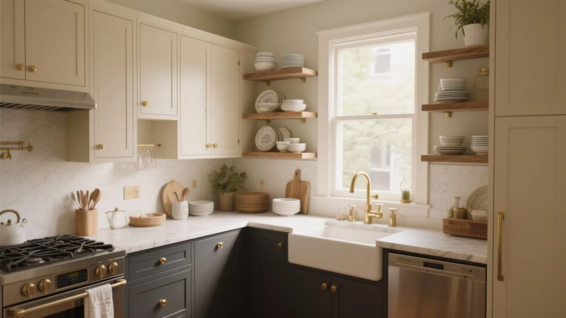 Renovated kitchen with dark grey lower cabinets cream upper cabinets wooden shelves and gold sink faucet
