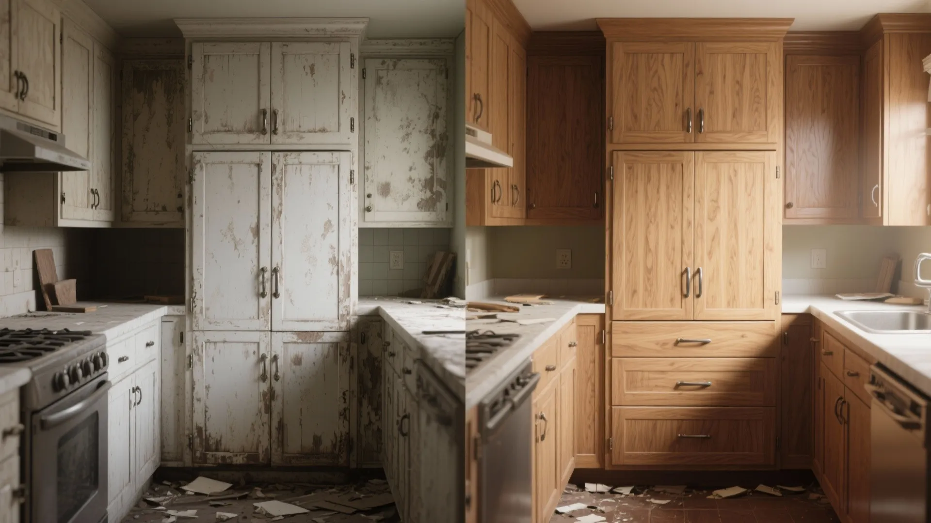 Before and after comparison showing old peeling white kitchen cabinets replaced with new wooden kitchen cabinets