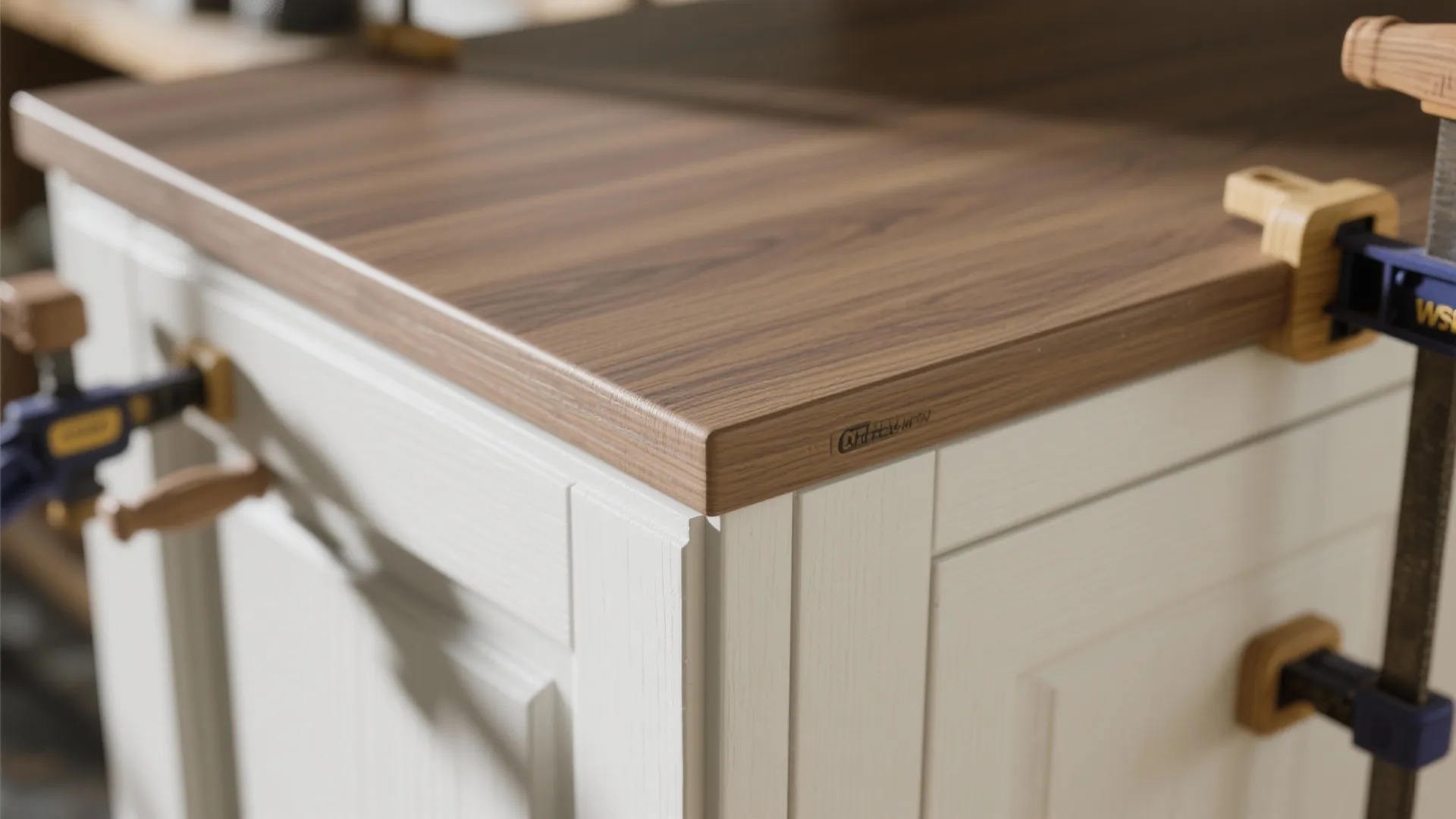 Close up of a white cabinet with wood countertop being held by blue metal clamps