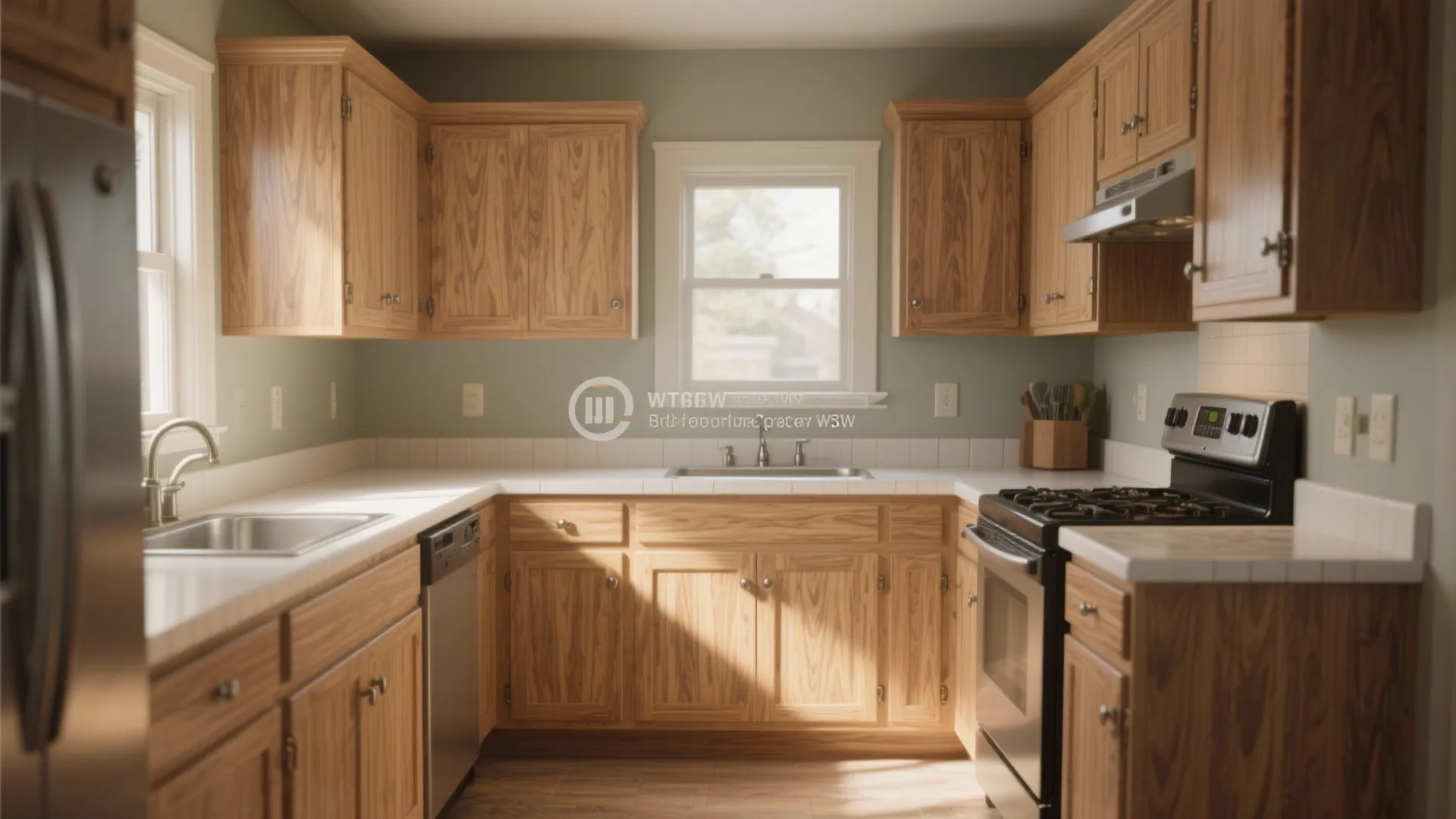 U-shaped kitchen layout with light wood cabinets green walls stainless steel sink and black stove