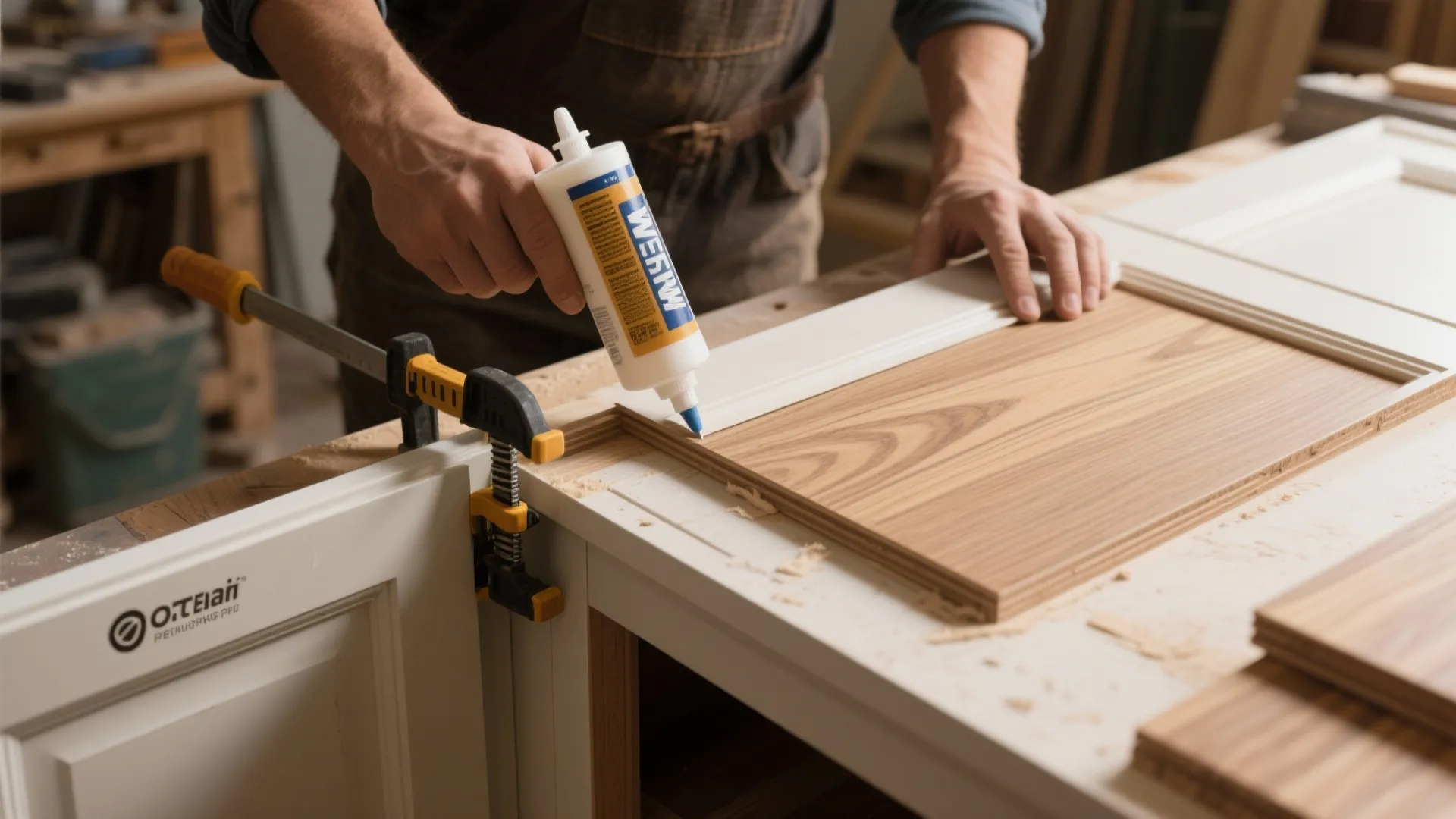 Carpenter applying white glue to a wood panel using a squeeze bottle on a work table