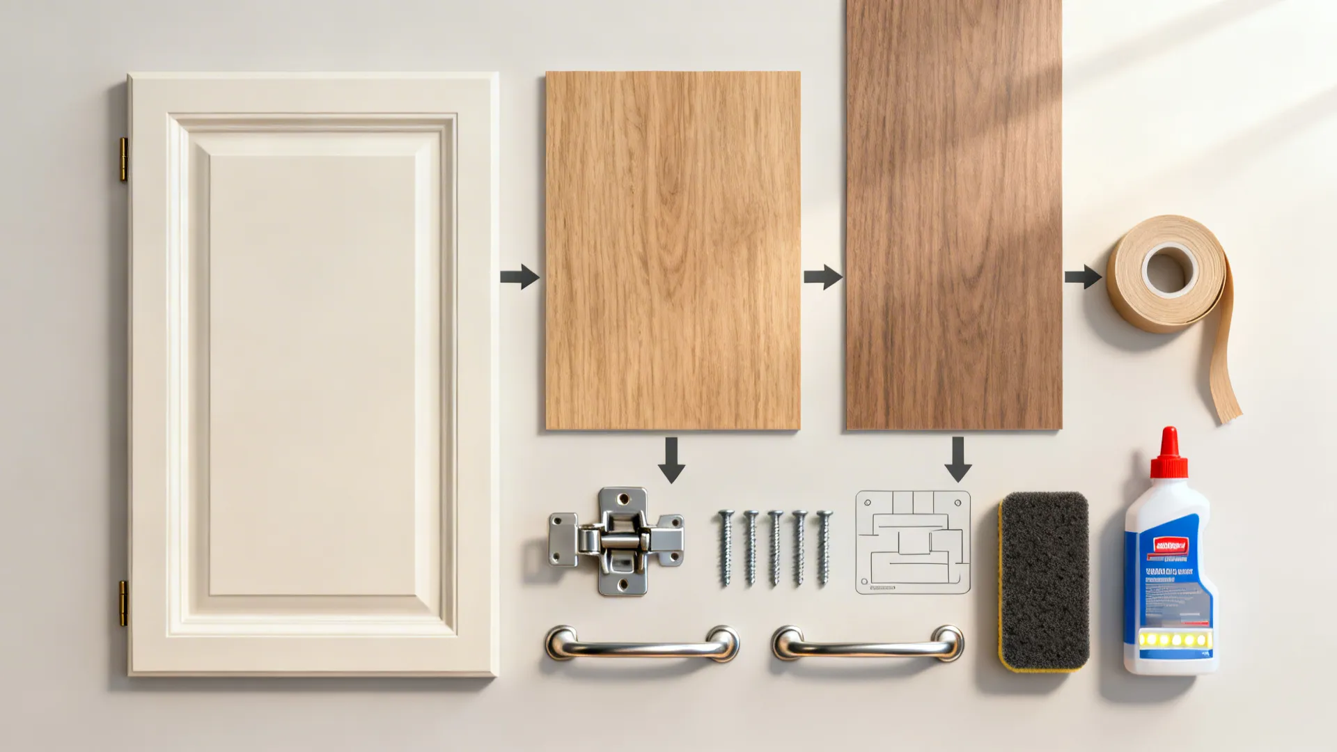 Top-down materials and tools for cabinet refacing arranged in a clear workflow.