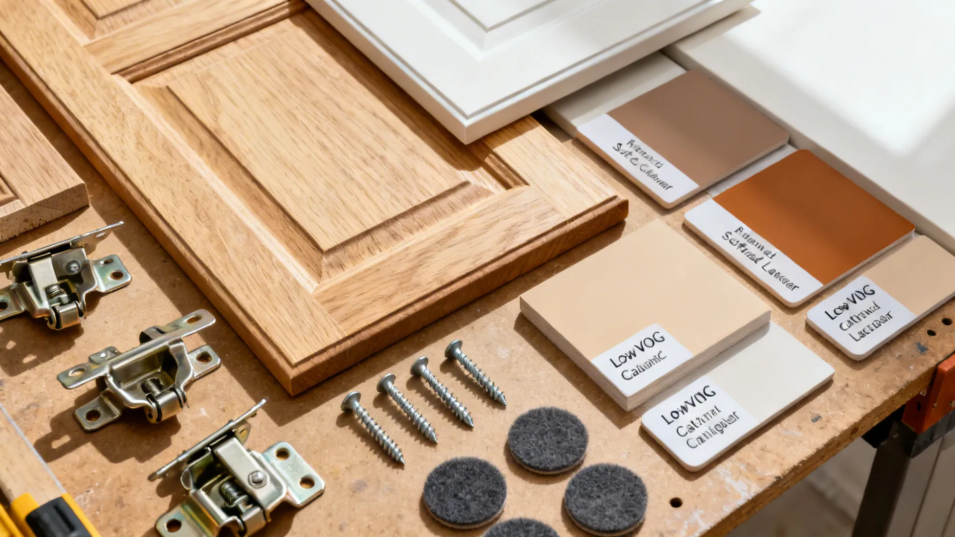 Top-down flatlay of paint-grade maple doors, low-VOC finish samples, and soft-close hardware.