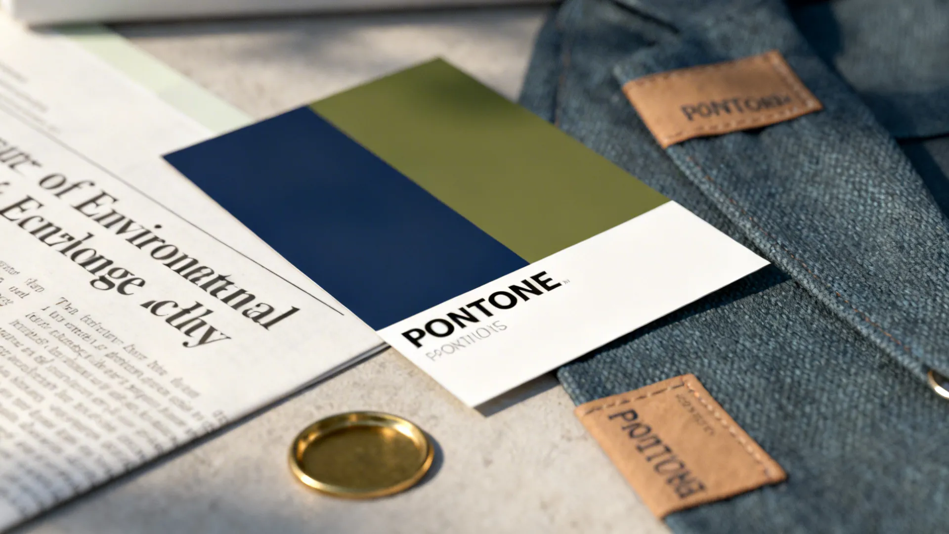 Design reference materials including Pantone swatches, an academic article, and brass and fabric samples.