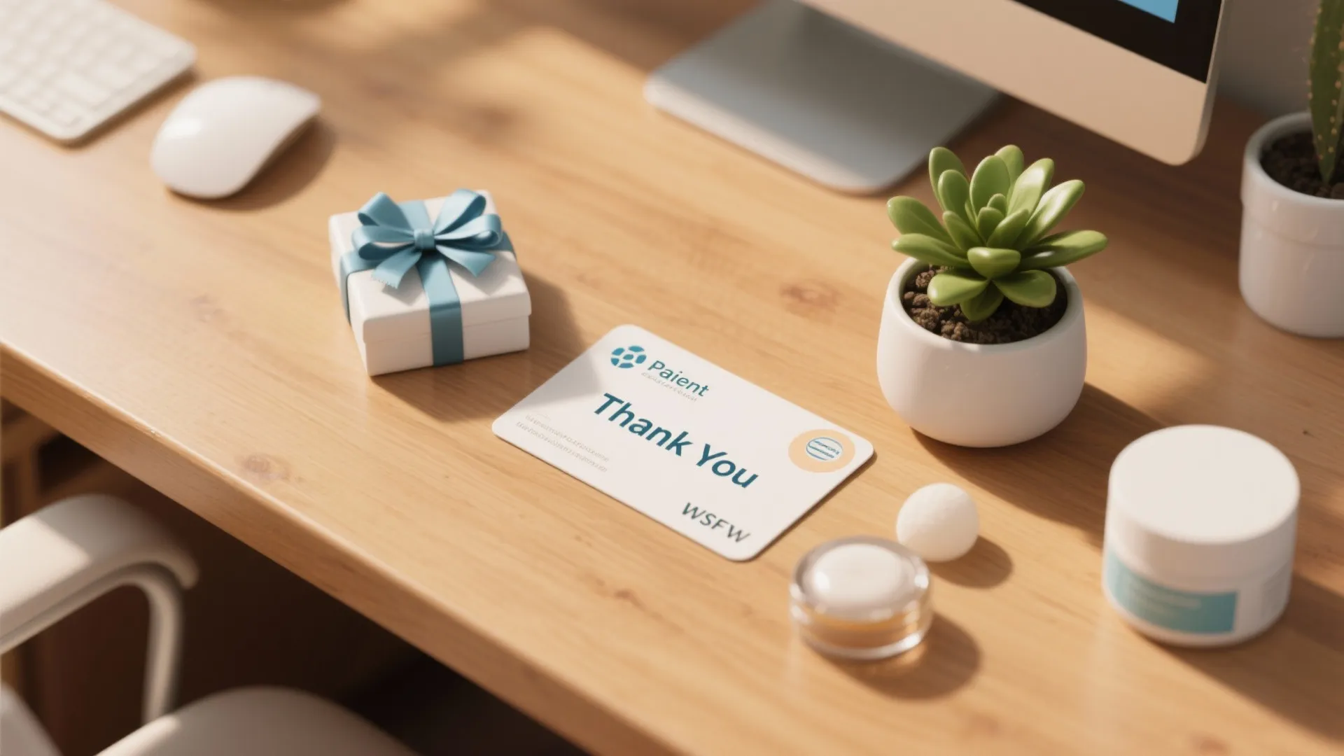 Wooden desk with computer mouse white gift box thank you card green plant and jars