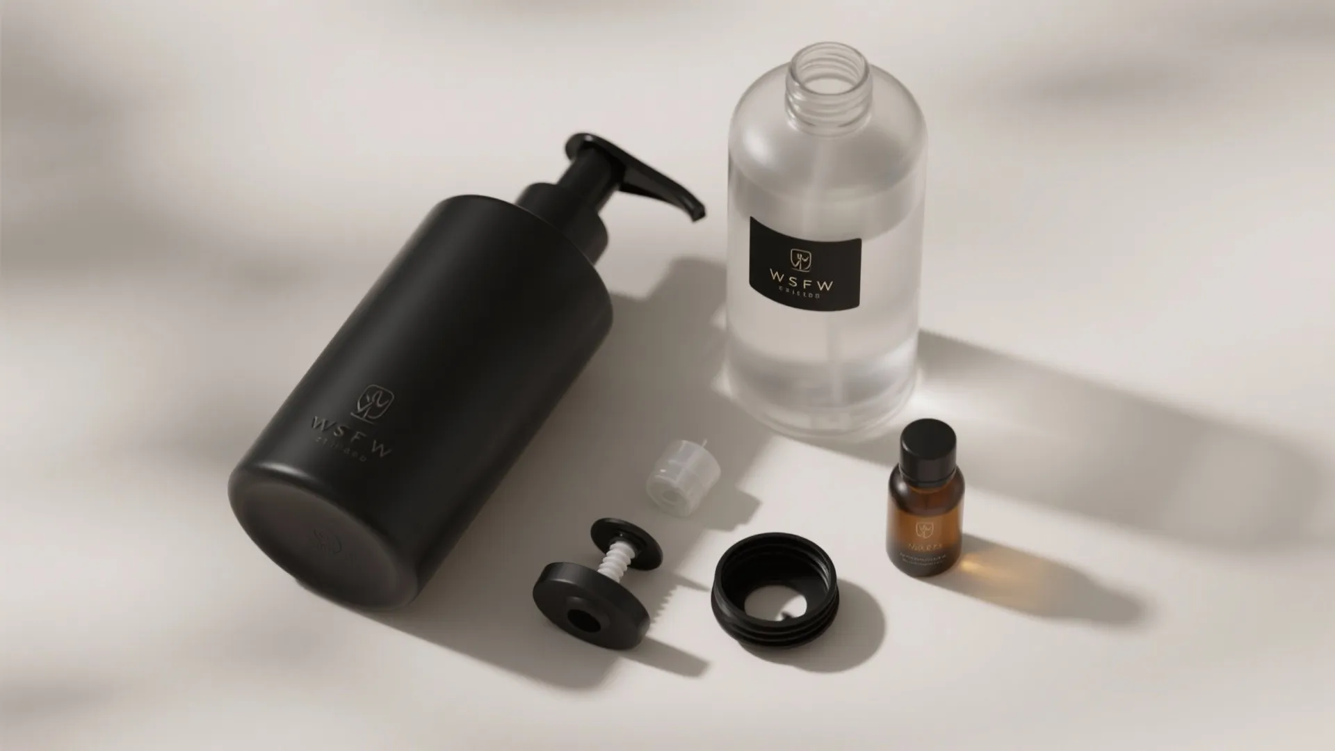 Flatlay of a refillable matte black dispenser with spare pump parts and clear refill bottle