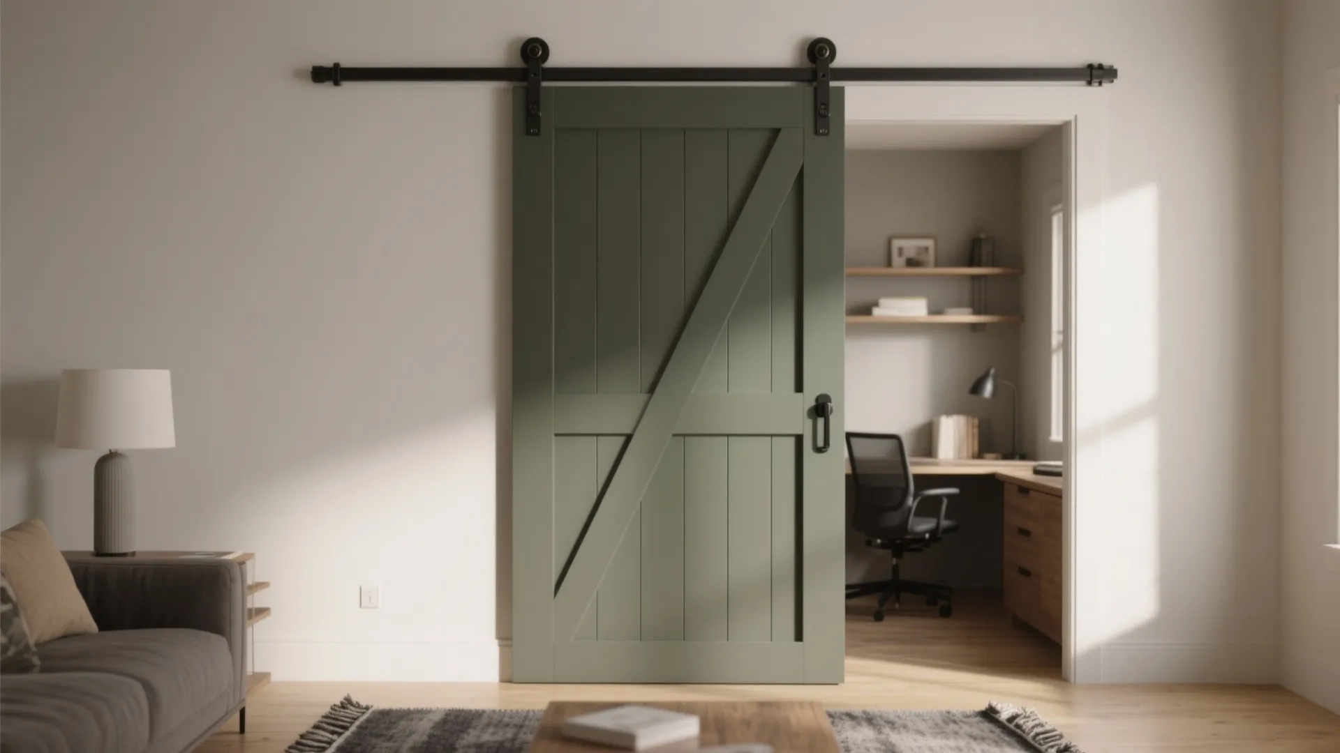 Green sliding door between living room and home office with desk chair and wall shelves