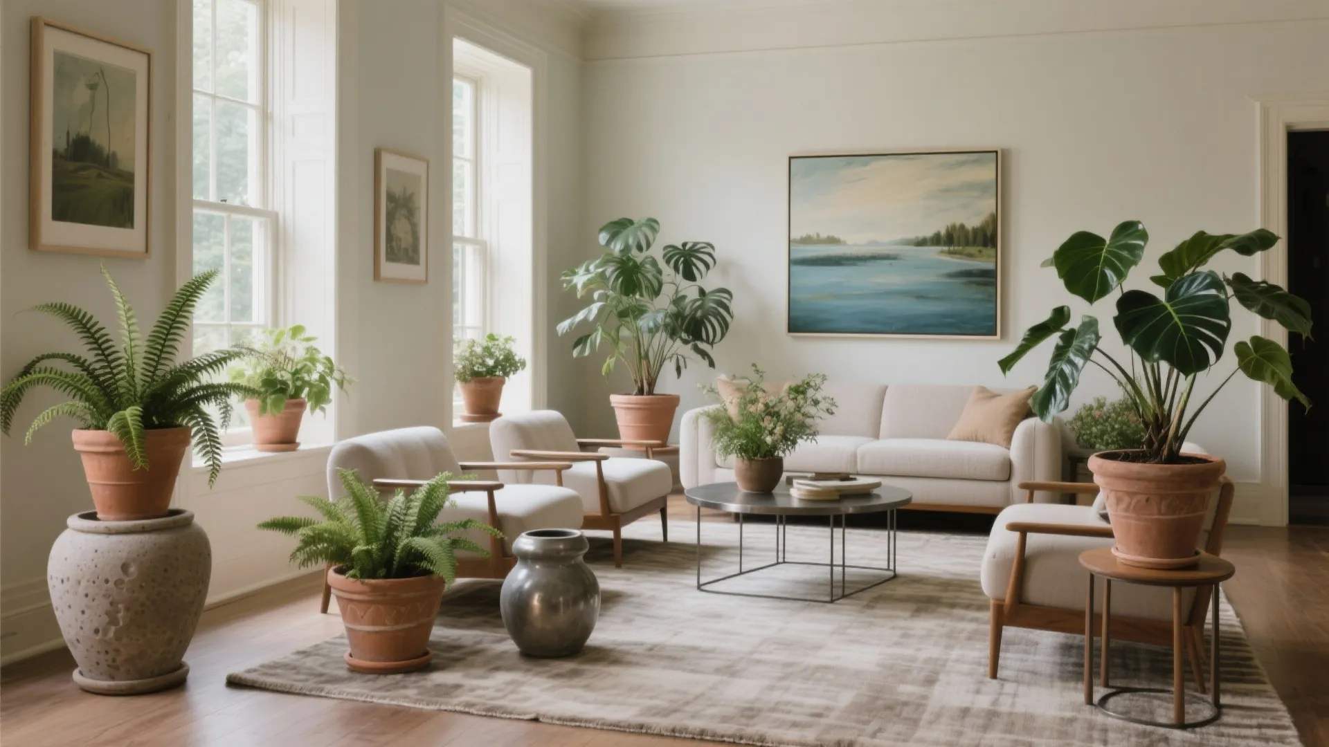 Bright living room with white sofa, armchairs, coffee table, many green potted plants, and paintings