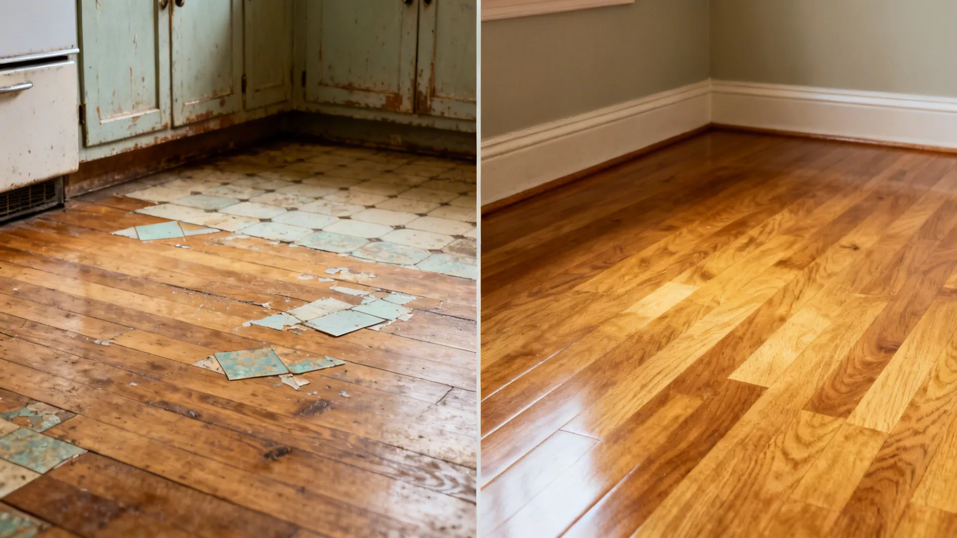 Before-and-after of a 1920s kitchen oak floor from worn to freshly refinished satin matte.