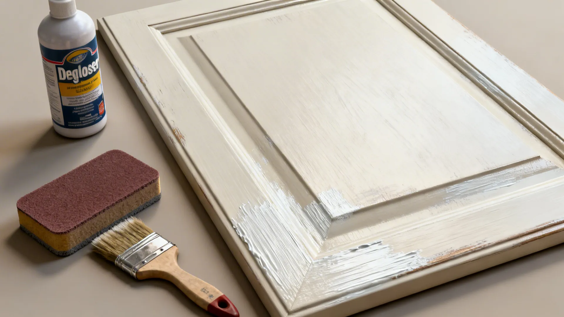 Top-down view of cabinet refinishing tools including sandblock, brush, deglosser, and a painted door drying.