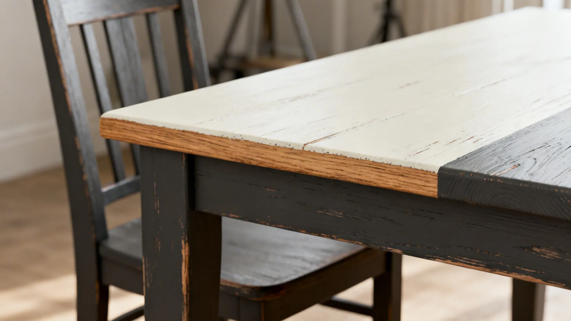 Close-up of a wooden dining table being painted with white and black colors for refinishing