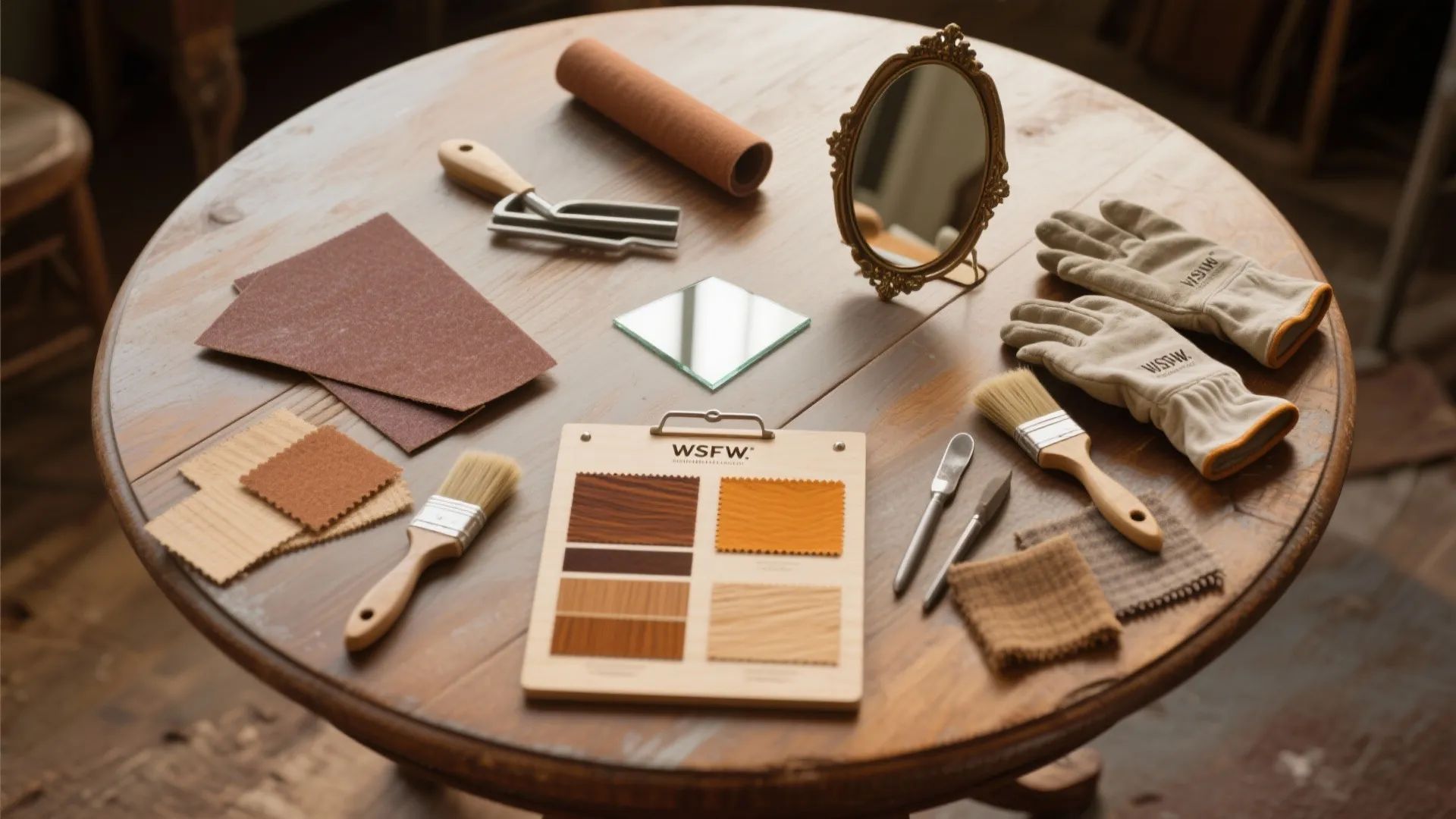 Wooden table with wood samples sandpaper paint brushes gloves a small mirror and furniture tools