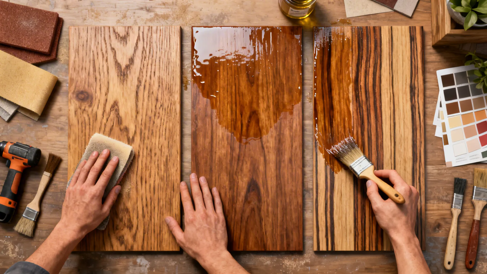 Top-down view of the refinishing process with sanding and sealing materials on a countertop sample.