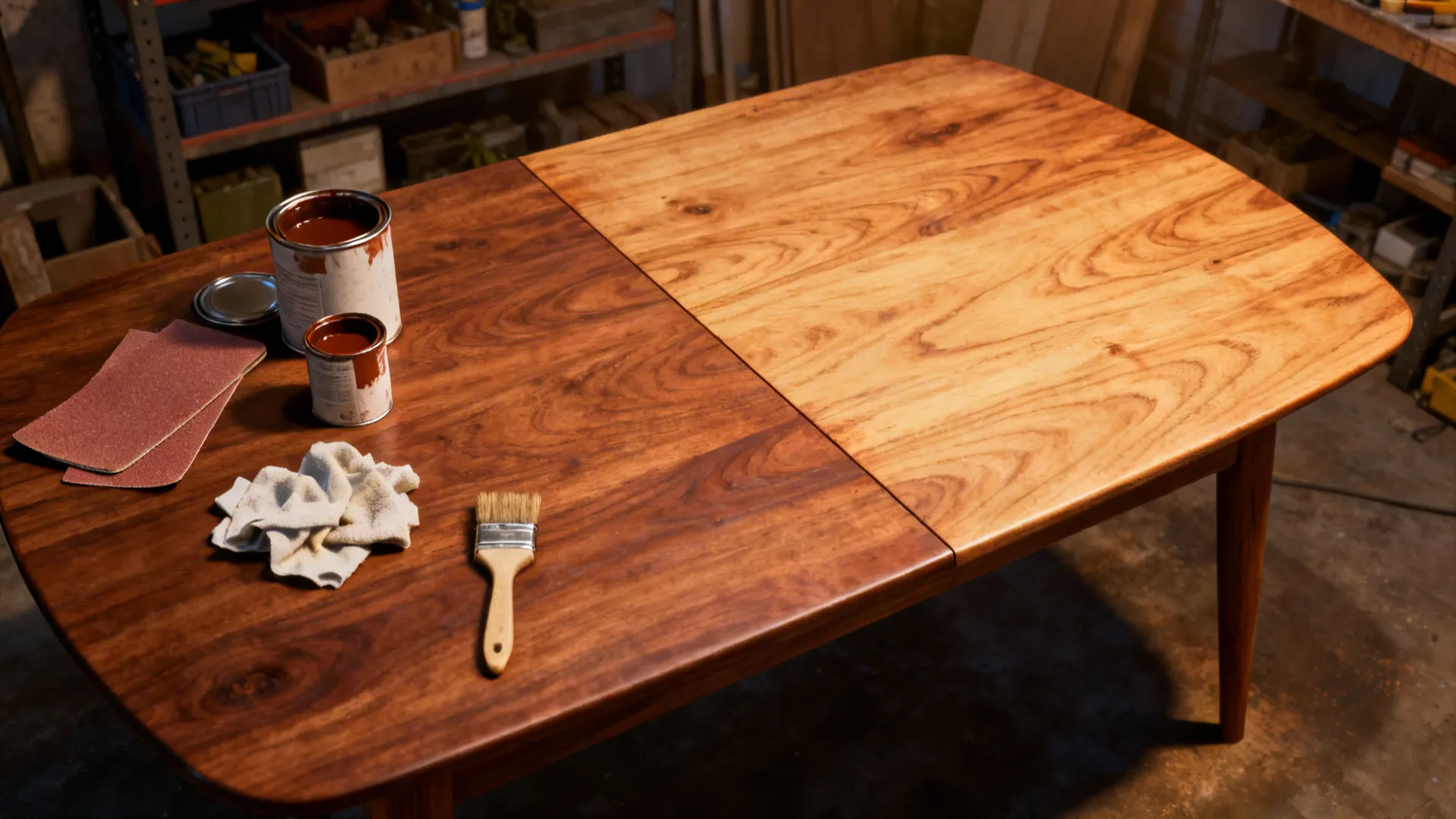 Wooden table being refinished showing contrast between dark stained wood and light natural wood finish