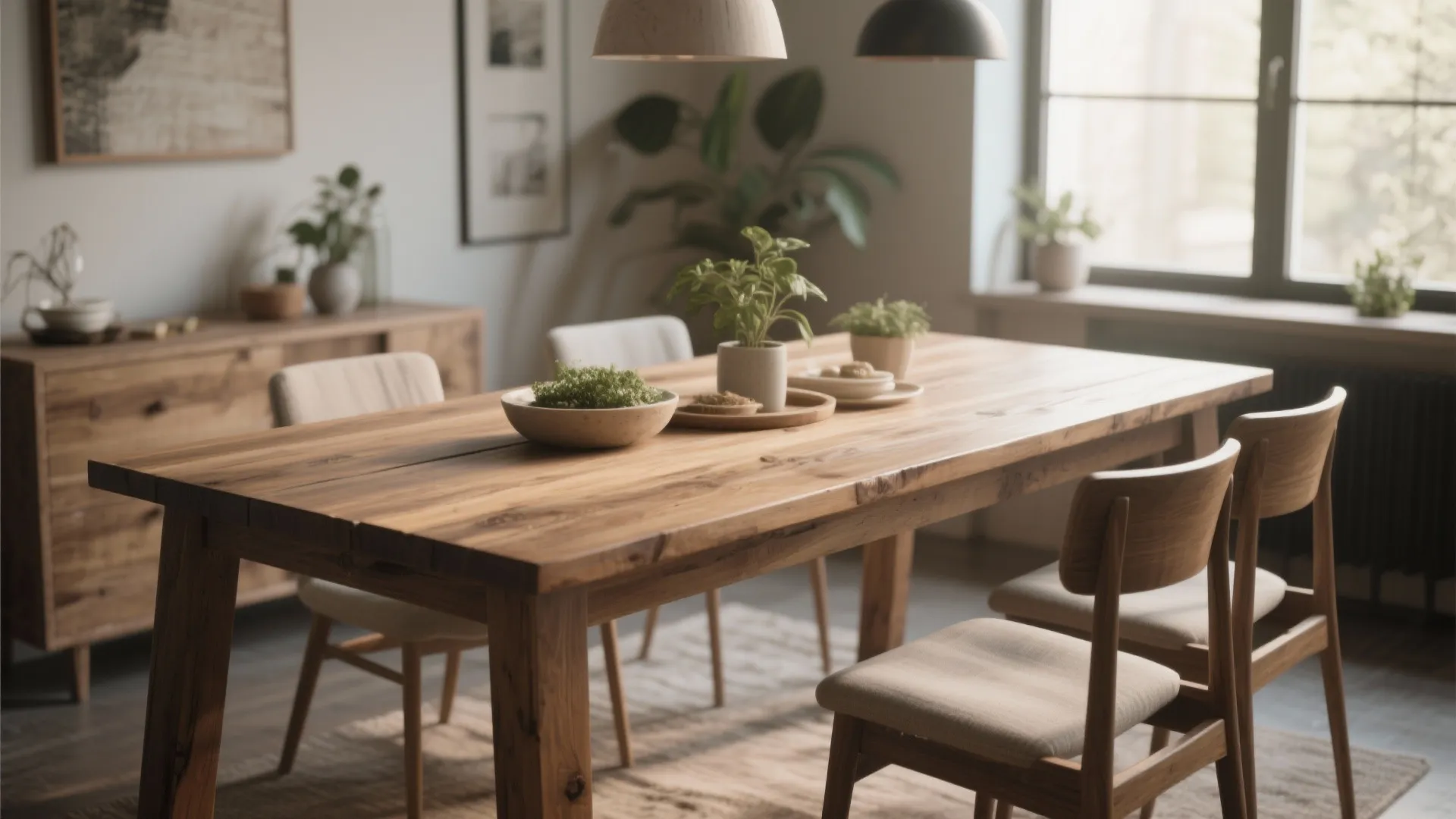Natural wood dining table with small green plants on top near wooden chairs and cabinet