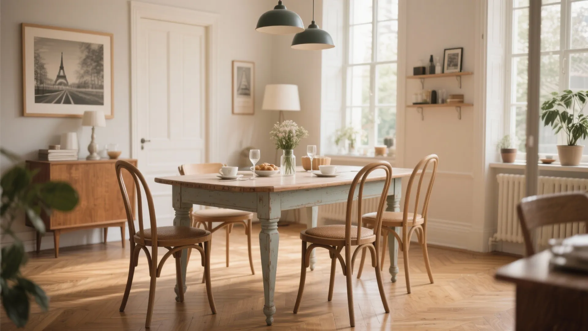 Vintage dining room with wooden table and chairs plus light green legs and natural light