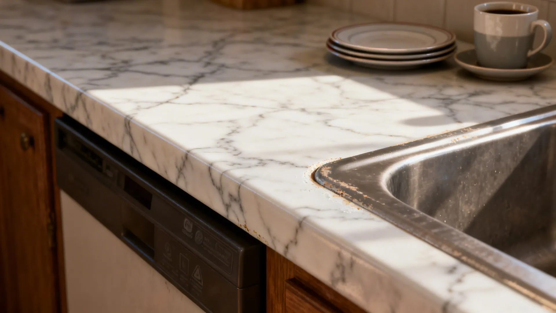 Close-up of a painted laminate countertop mimicking marble veining and satin finish