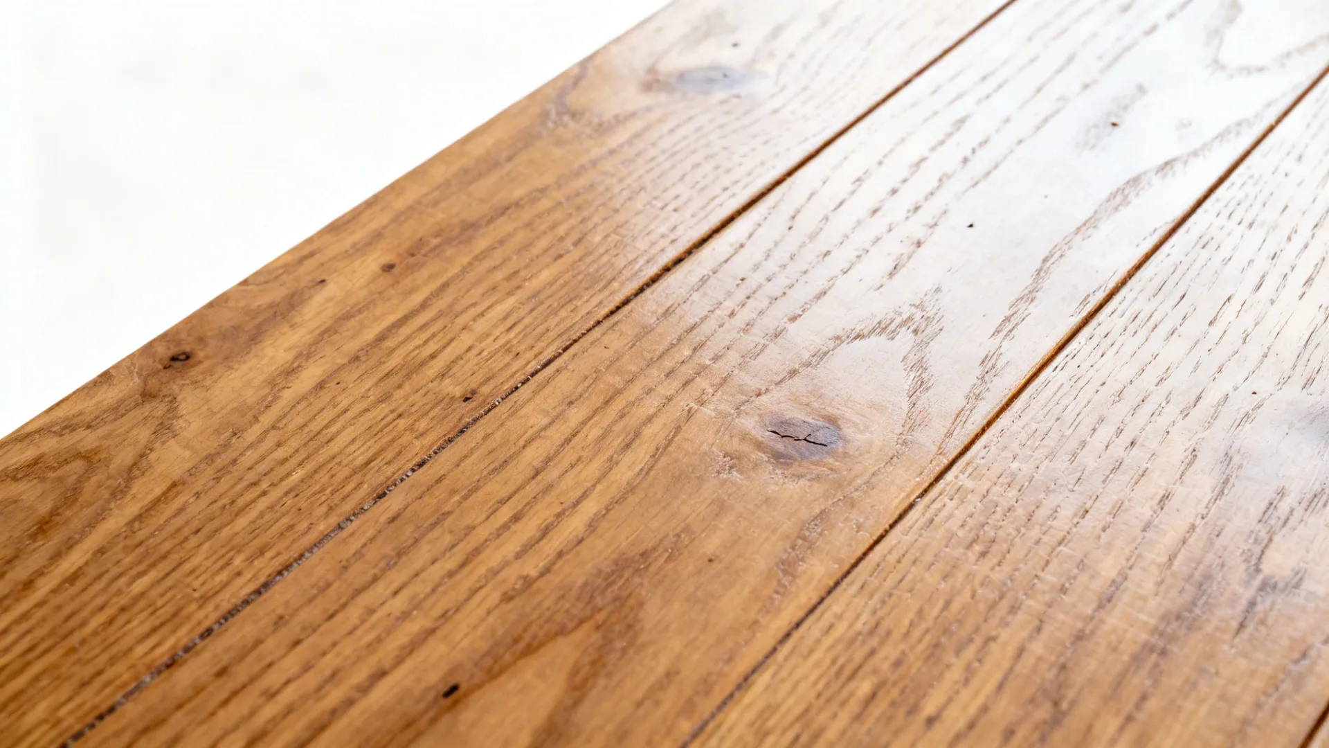 Macro of refinished oak with a smooth low-VOC satin waterborne finish.