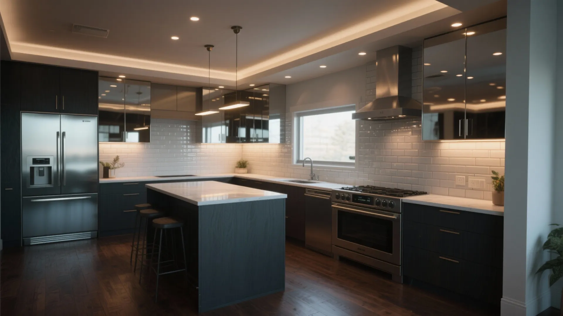 Modern dark kitchen with glossy upper cabinets tiled backsplash stove hood and under cabinet light fixtures
