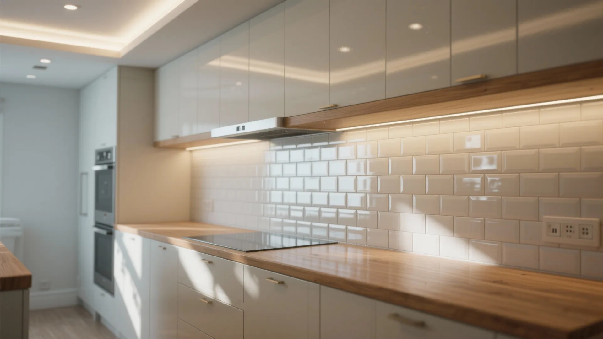 Modern white kitchen with wood countertop and glossy tile wall reflects light from the window