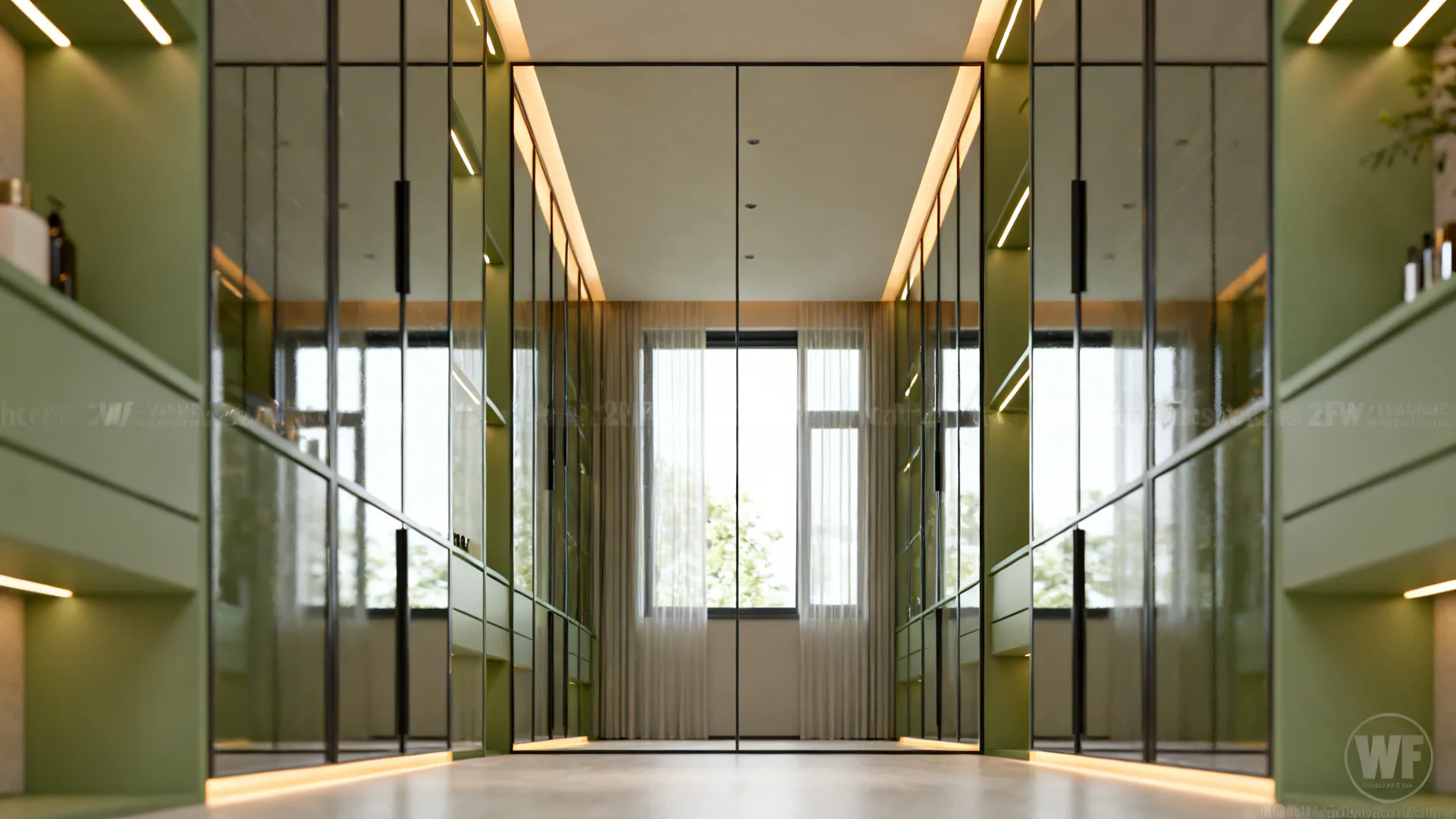 Full-height mirror opposite a window with layered lighting and glossy surfaces to visually expand a small room.
