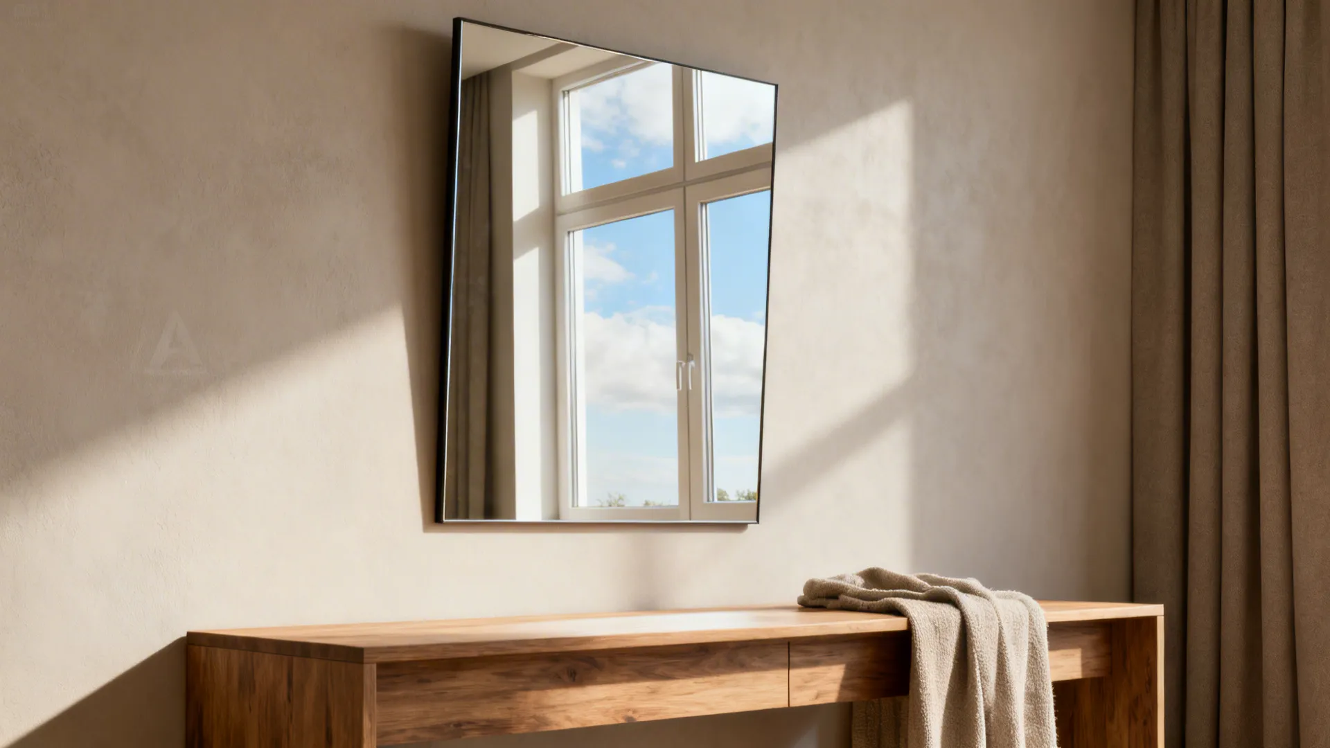 Rectangular mirror angled to reflect a tidy window view, keeping clutter out of sight.