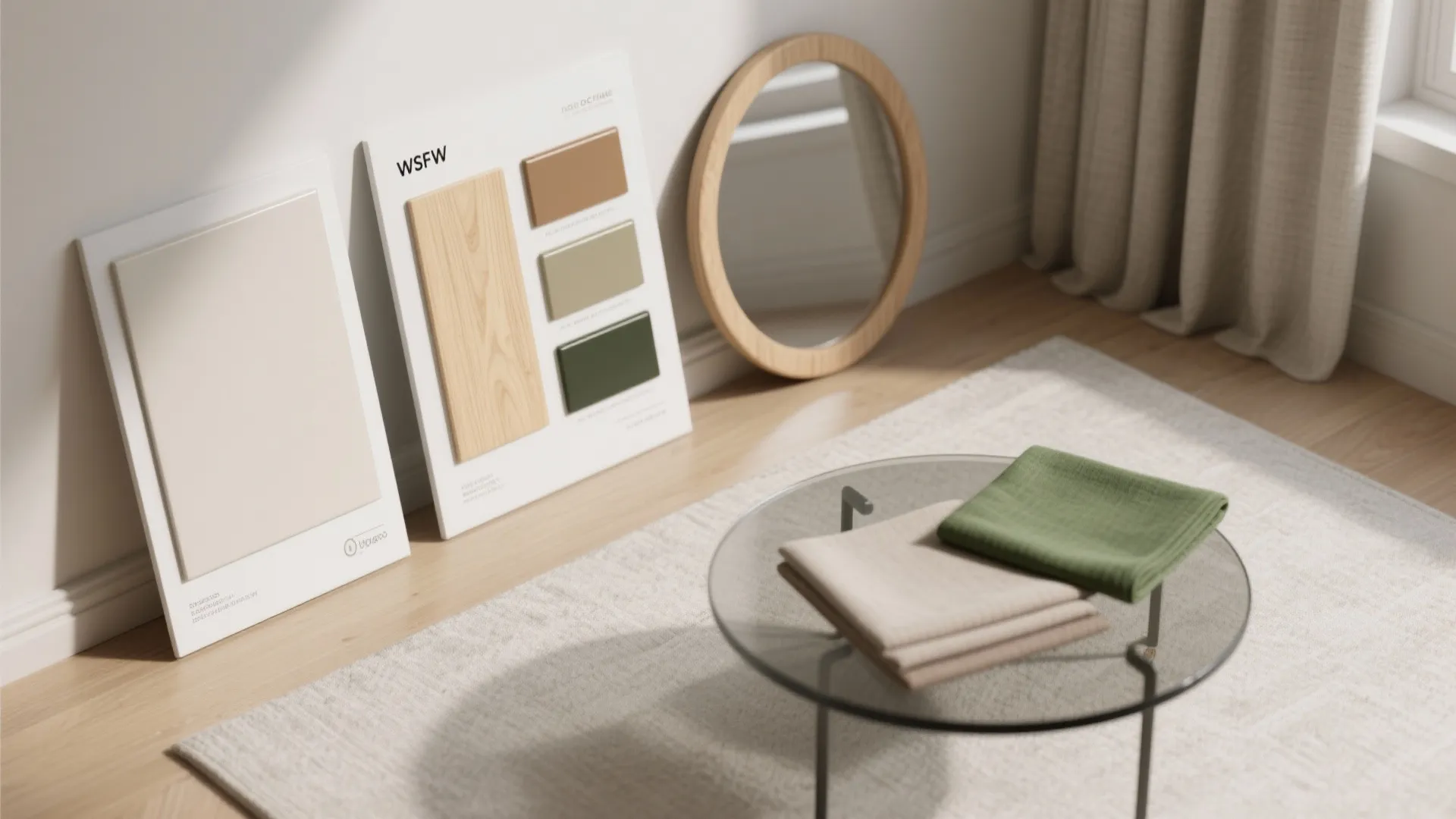 Color palette boards against wall with round mirror, glass coffee table, and folded green fabric