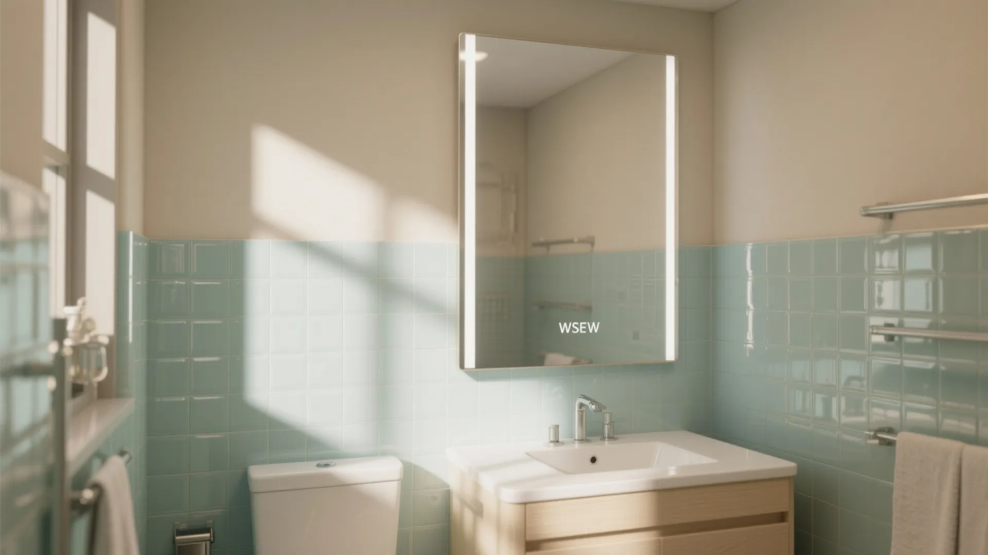 Bright bathroom with blue wall tiles large lighted mirror white sink and wooden storage cabinet