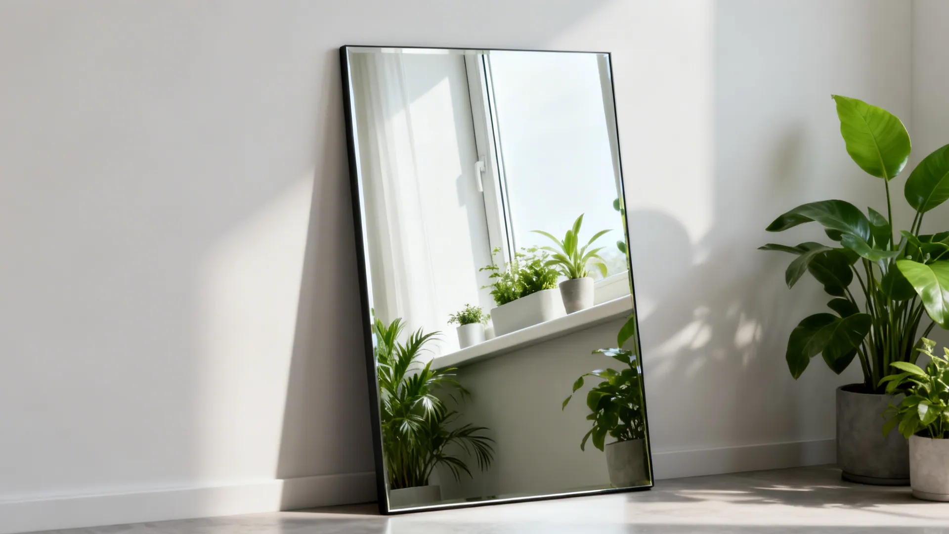 Floor mirror leaning against white wall reflecting window and green plants with bright natural sunlight