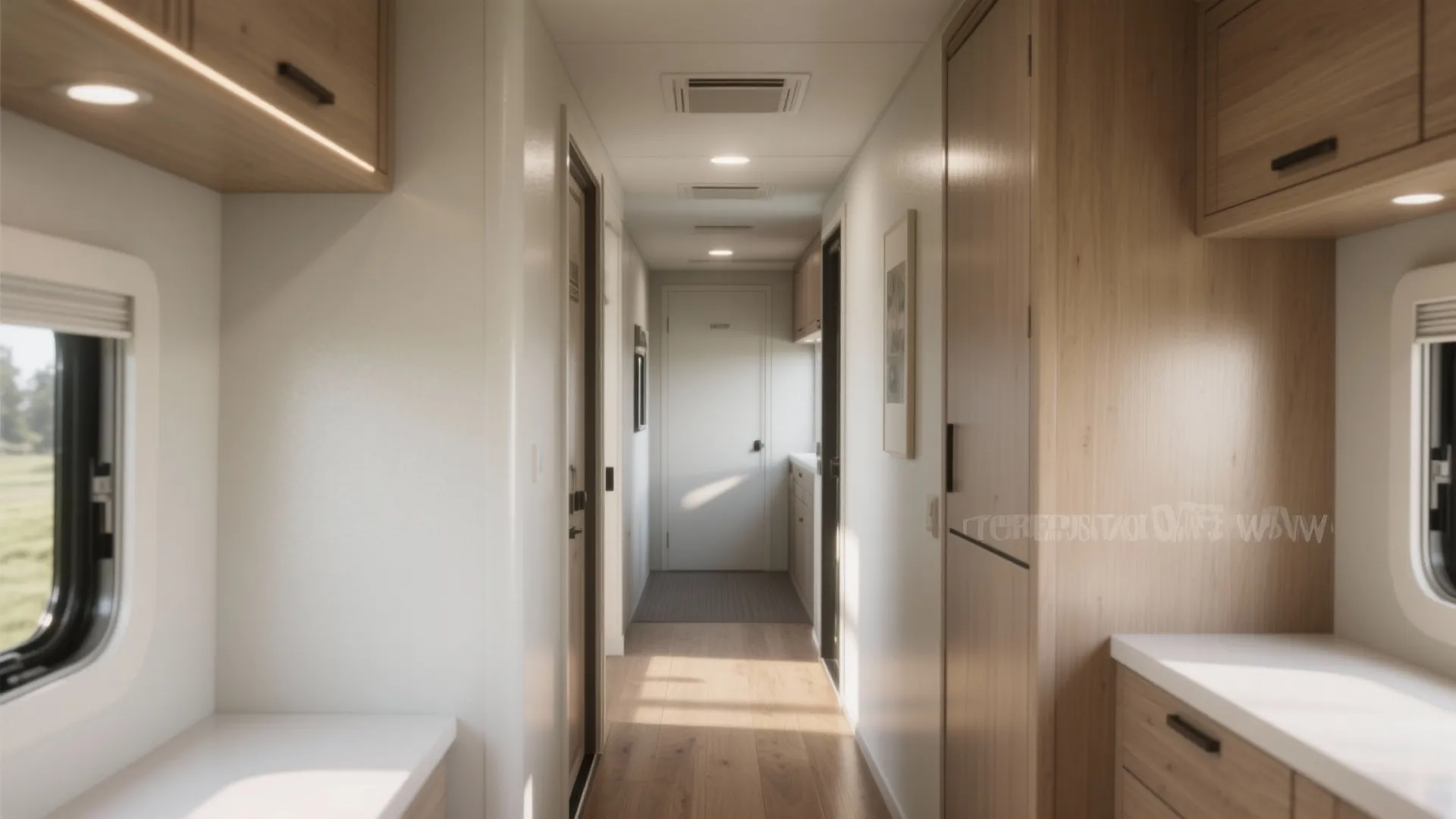 Narrow hallway with light wood cabinets white walls wooden floors ceiling lights and a window