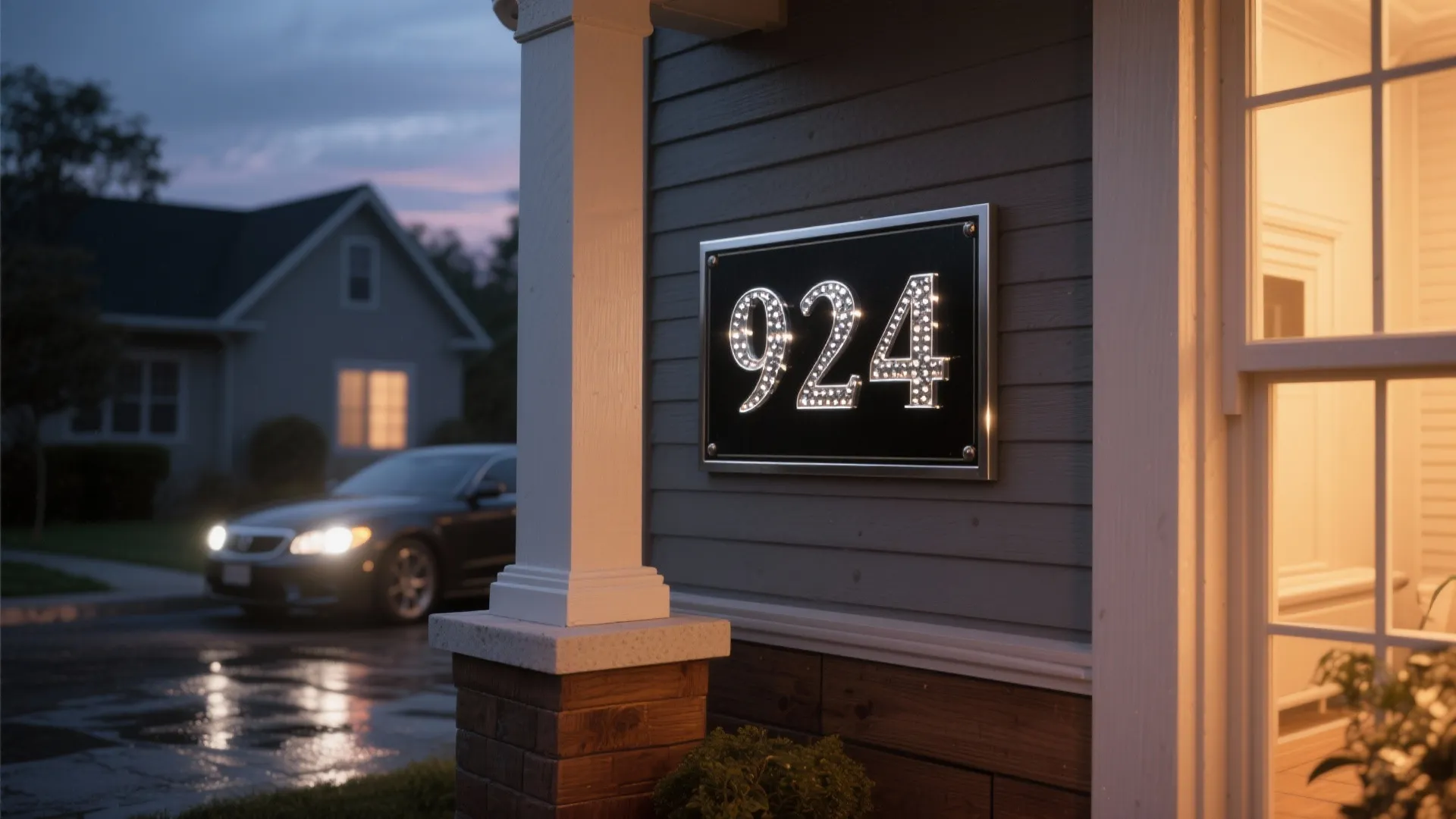 Bright glowing address number nine twenty four on black plaque against grey wall during sunset