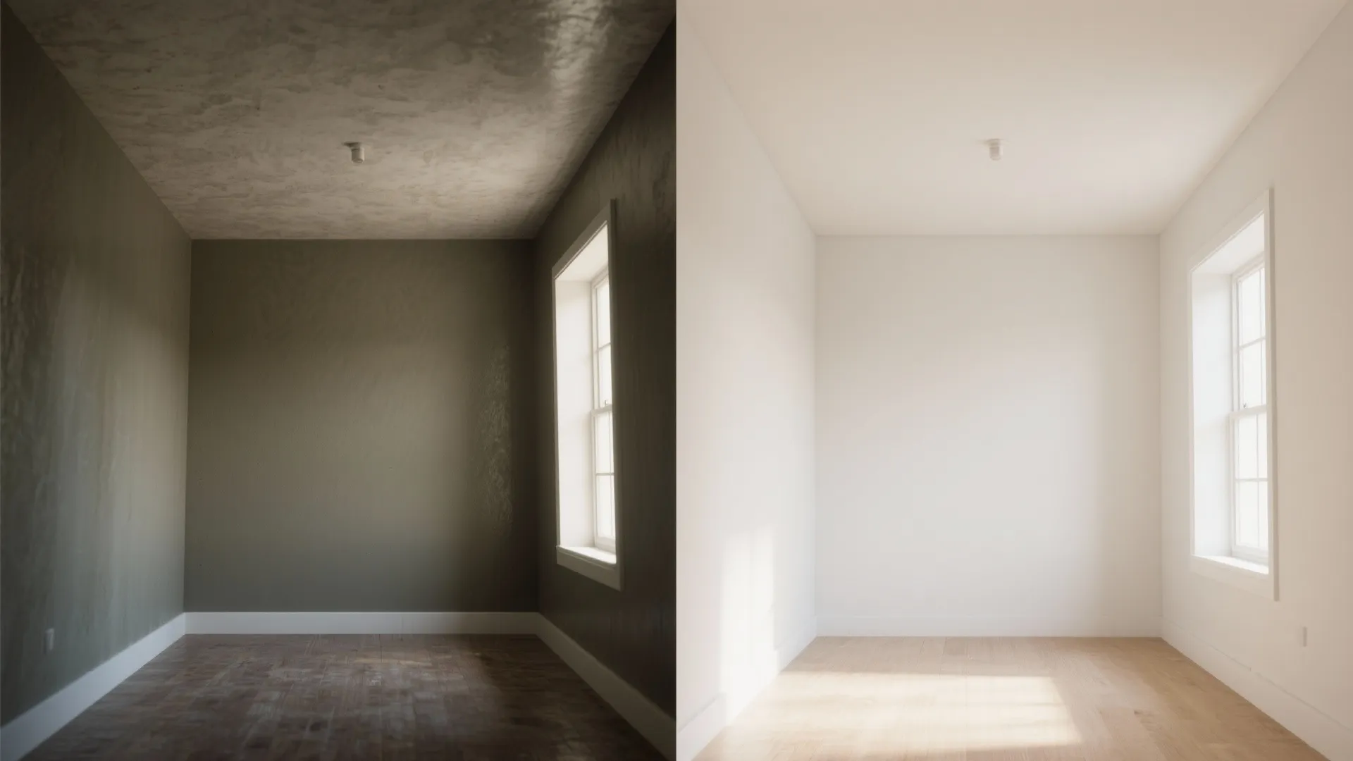 Split before-and-after room showing low-reflectance ceiling on left and high-reflectance brighter ceiling on right.