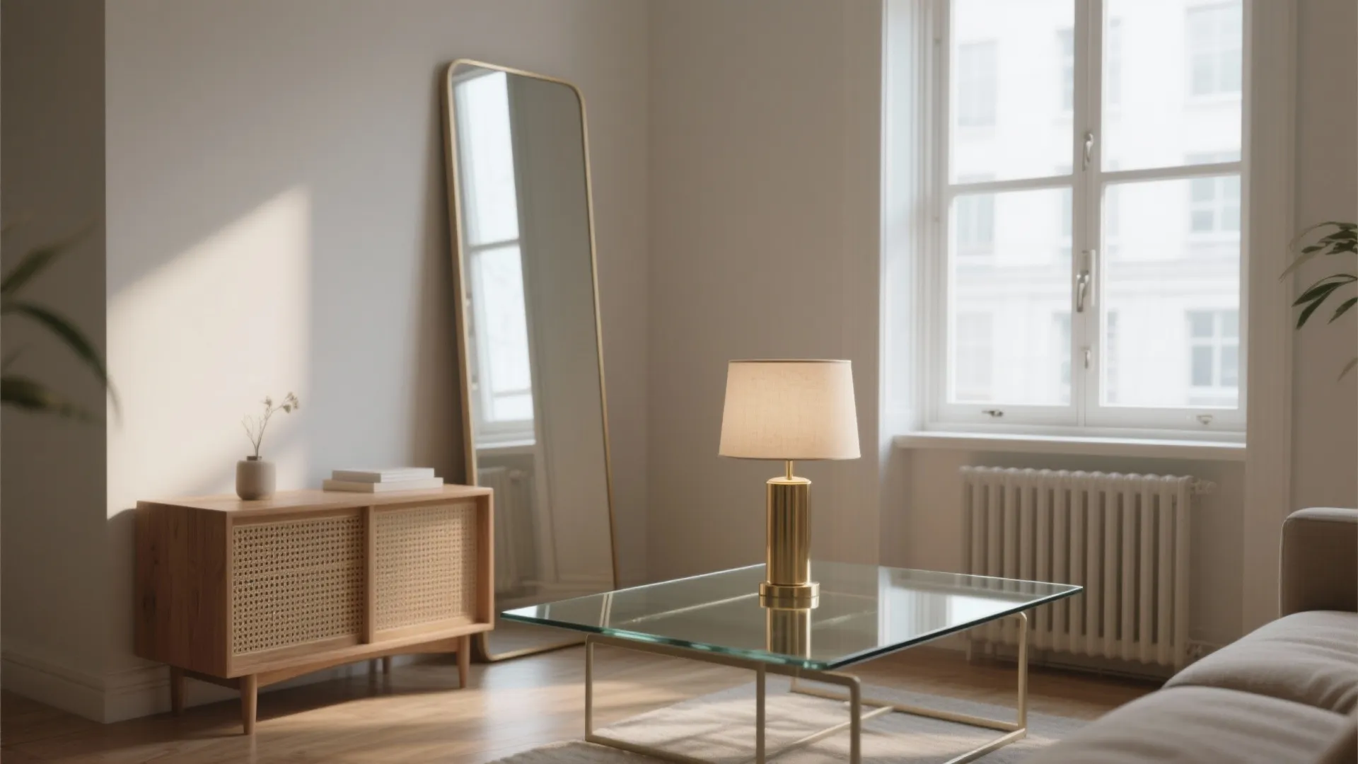 Bright living space with glass coffee table and gold table light plus a floor mirror