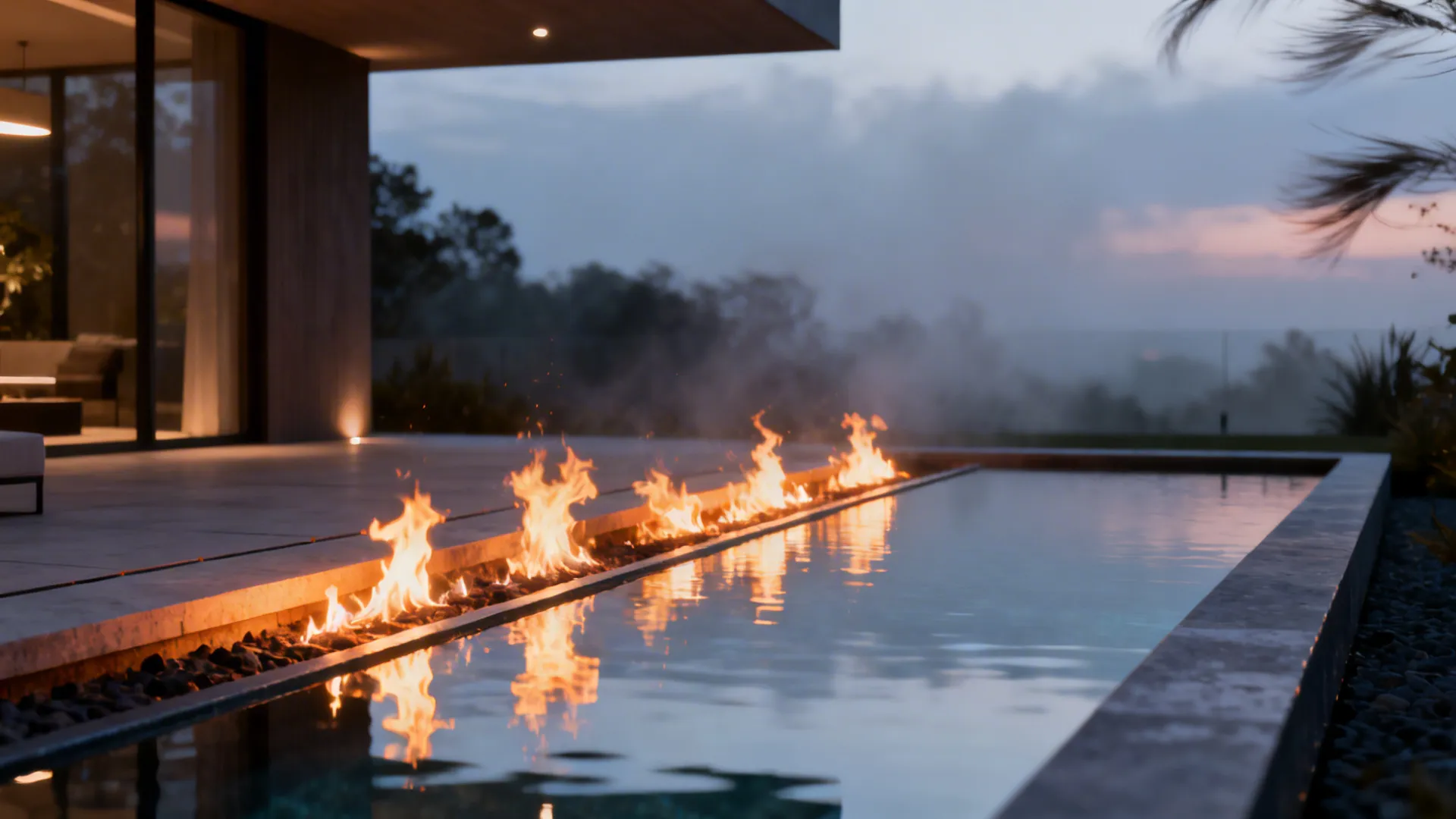 Shallow reflecting pool with a built-in fire pit edge creating warm evening ambiance in a small yard.