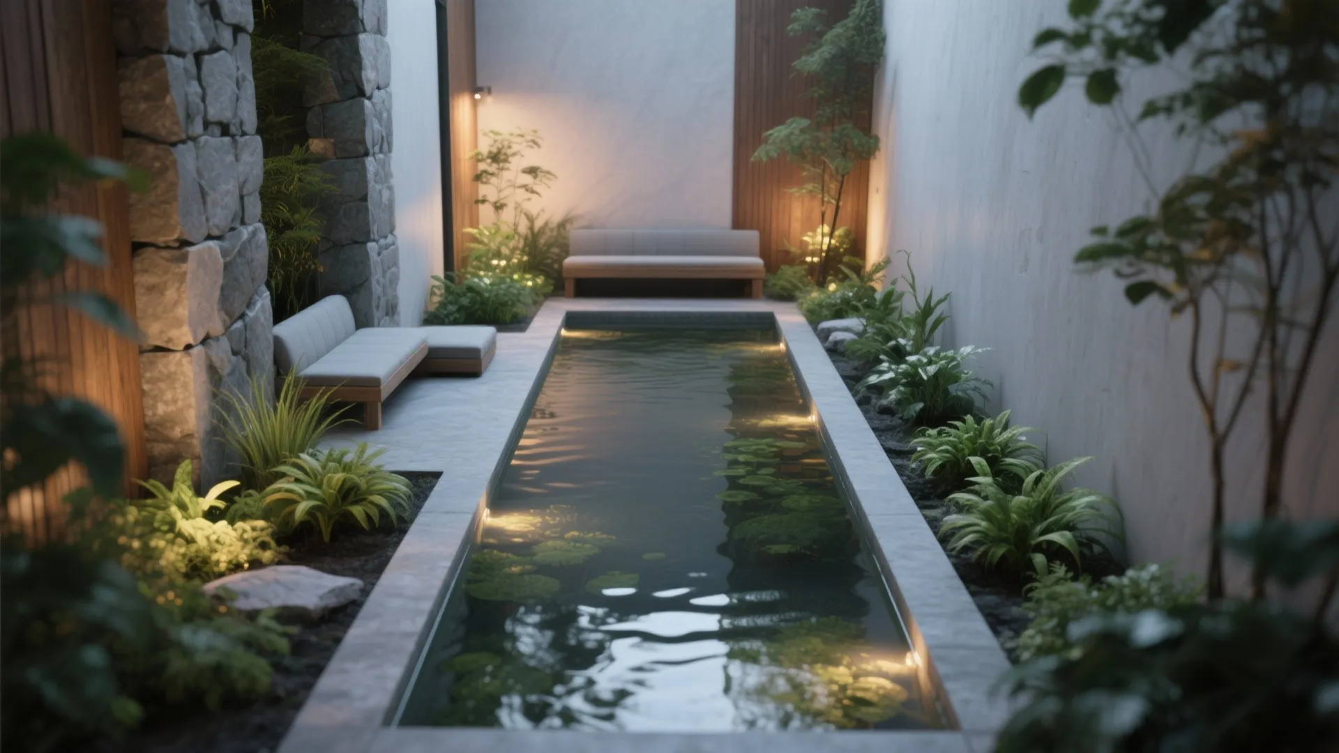 Narrow courtyard pool with green plants stone walls grey sofas and warm outdoor light fixture