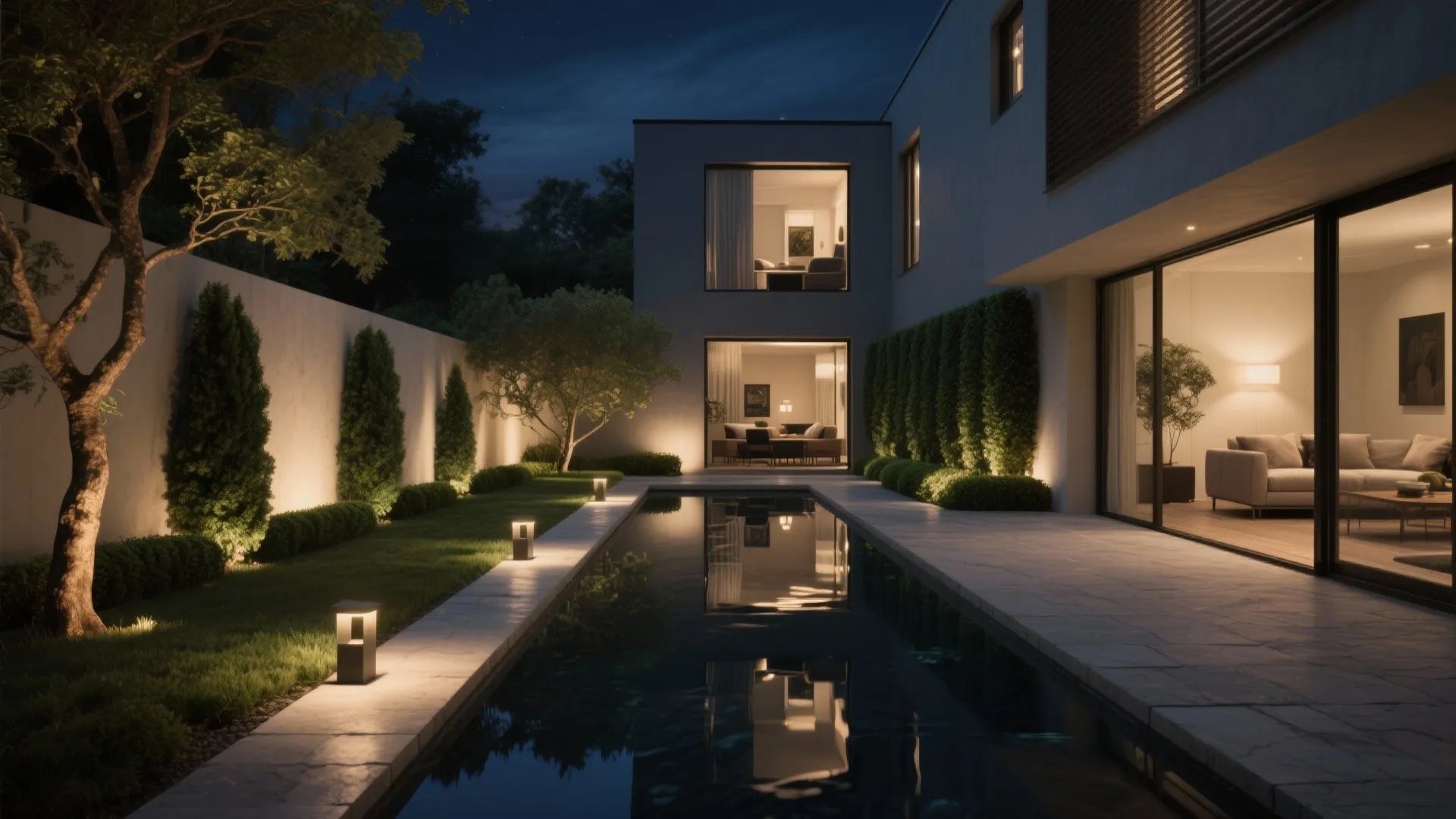 Reflecting pools and night lighting drama