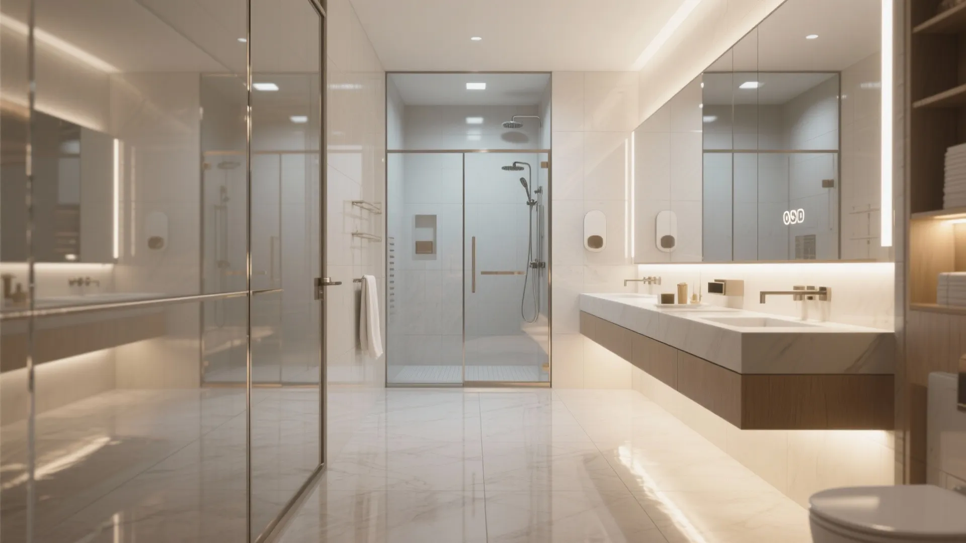 Modern luxury bathroom with glass shower double sink vanity large mirror and white marble floor